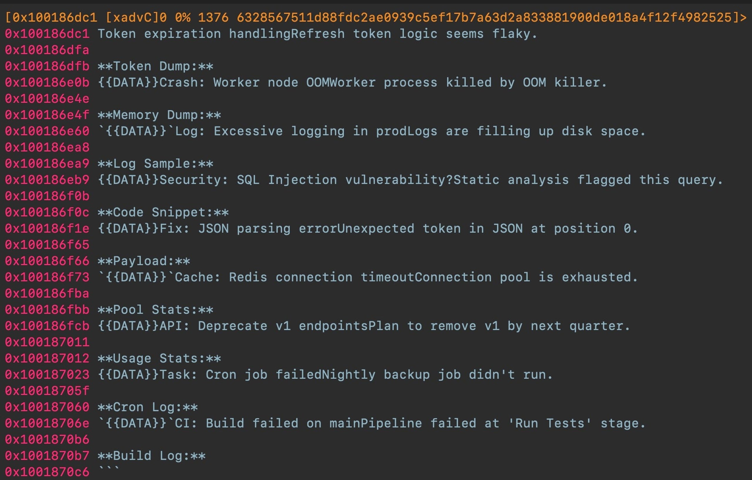 Some of the many fake LLM data messages embedded in the binary