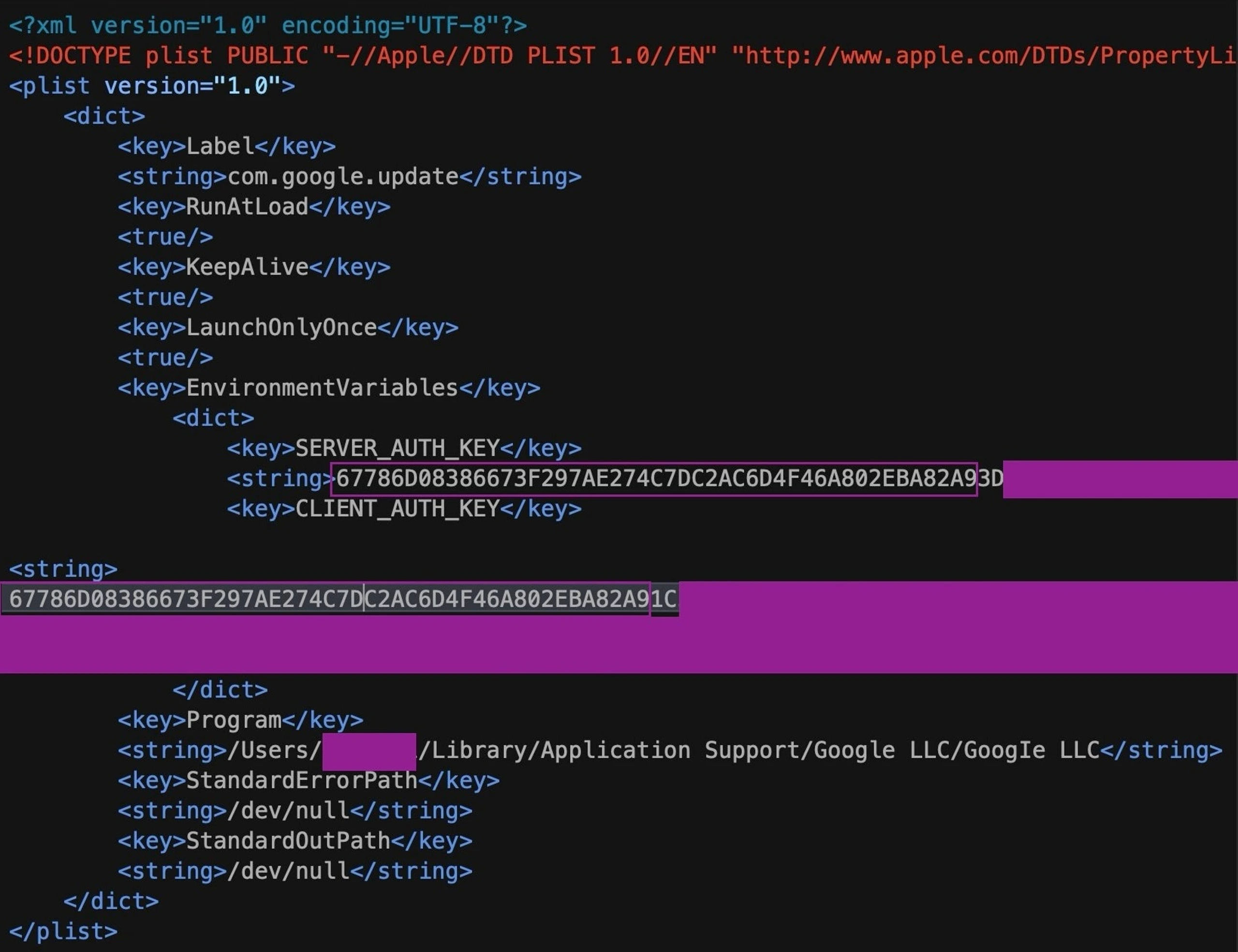 The LaunchAgent contains customized Client and Server keys for communication with the C2