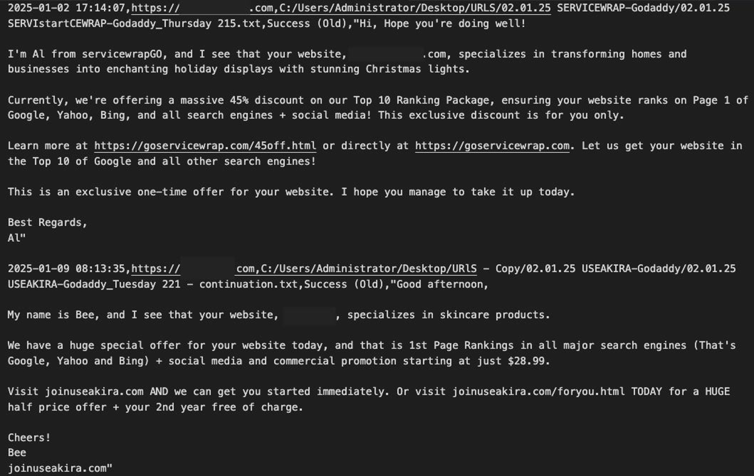 Logged AI-generated outreach messages in submissions.csv