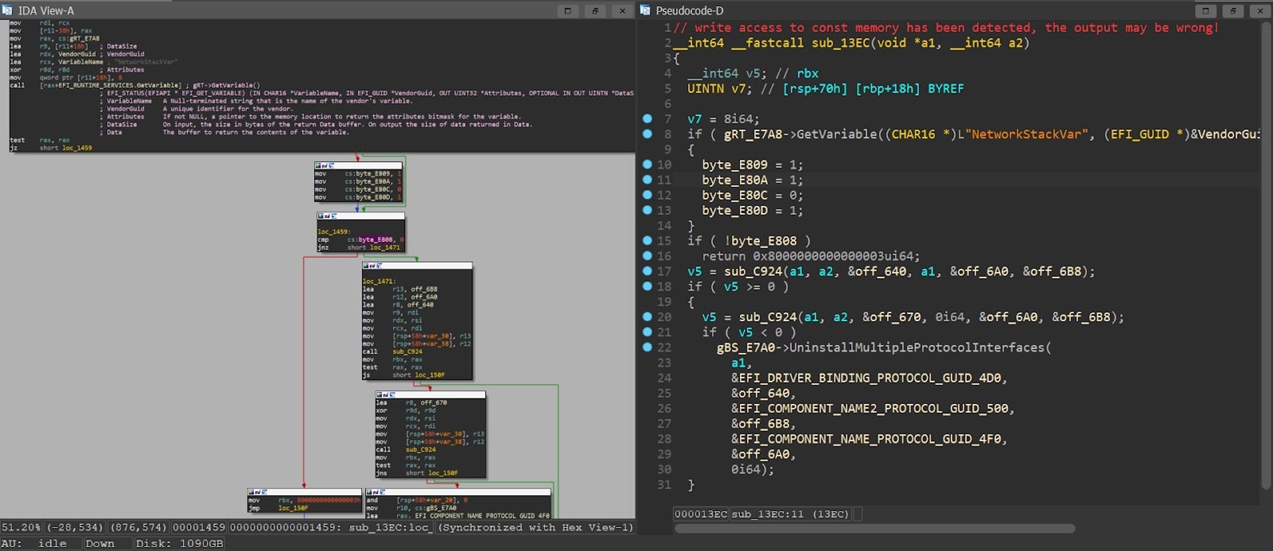 Figure 9 - decompilation of the same module, just after byte_E808 was annotated as ‘volatile’