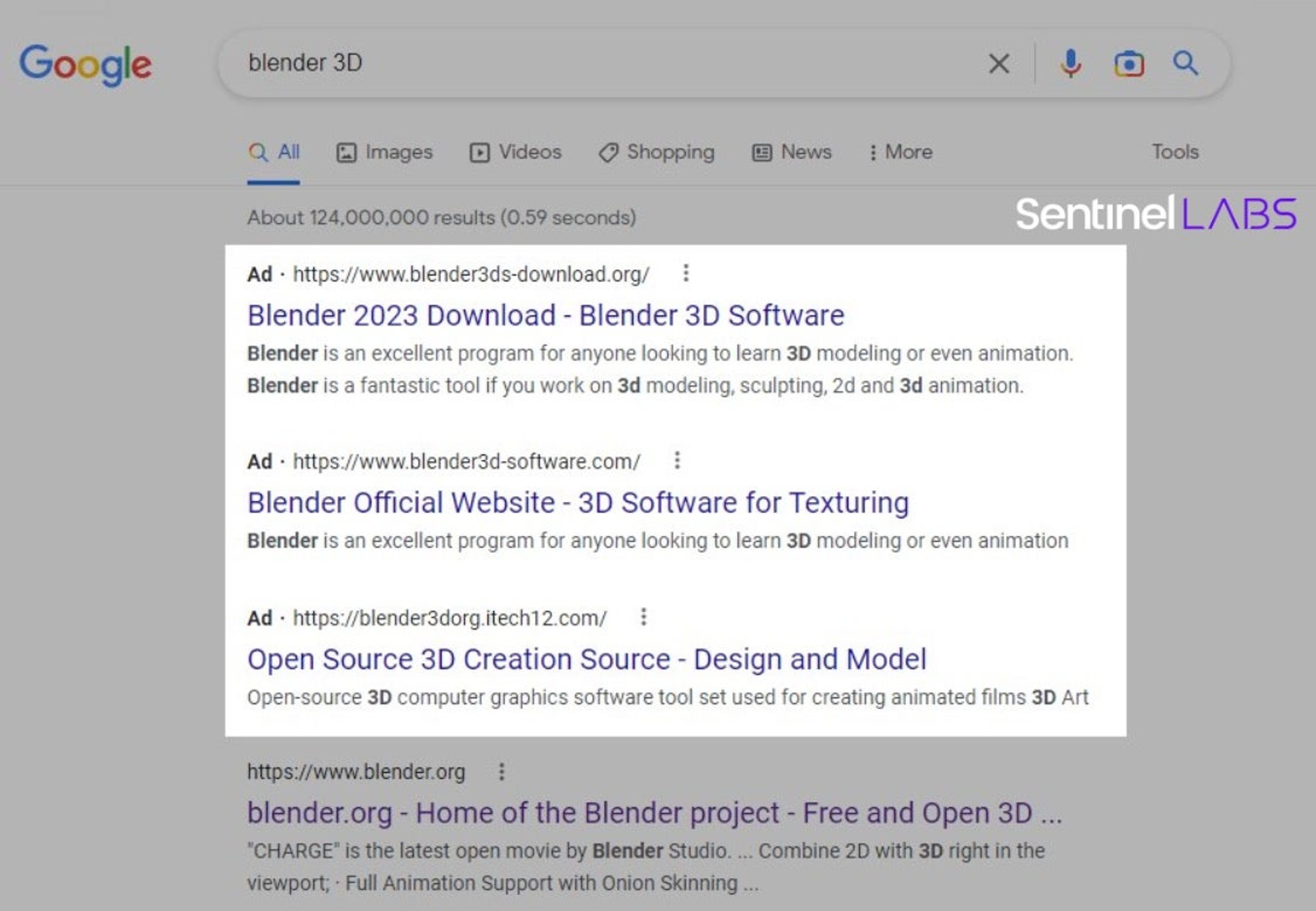 Malicious advertisements (“Blender 3D” Google search)