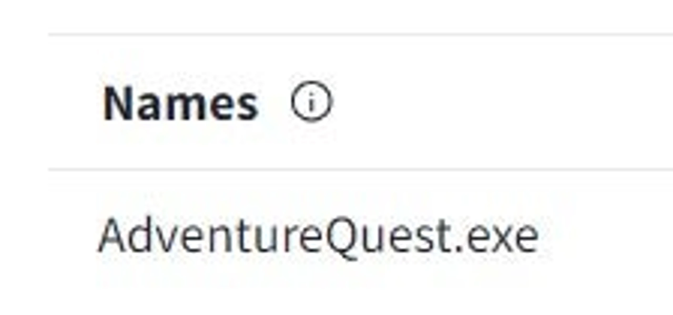 The names attribute (in the web analysis report for AdventureQuest.exe)