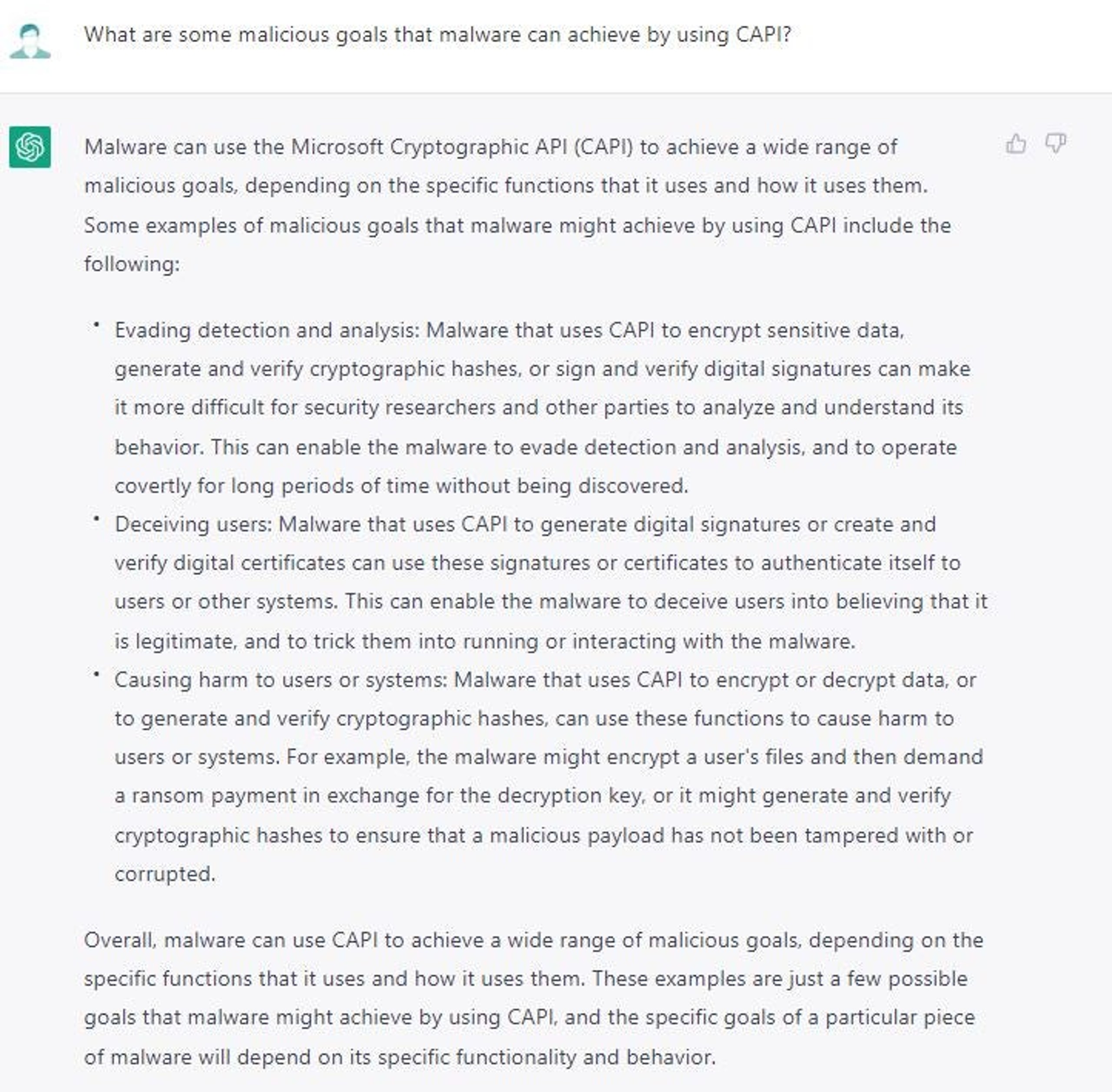 ChatGPT discusses the use of CAPI by malware