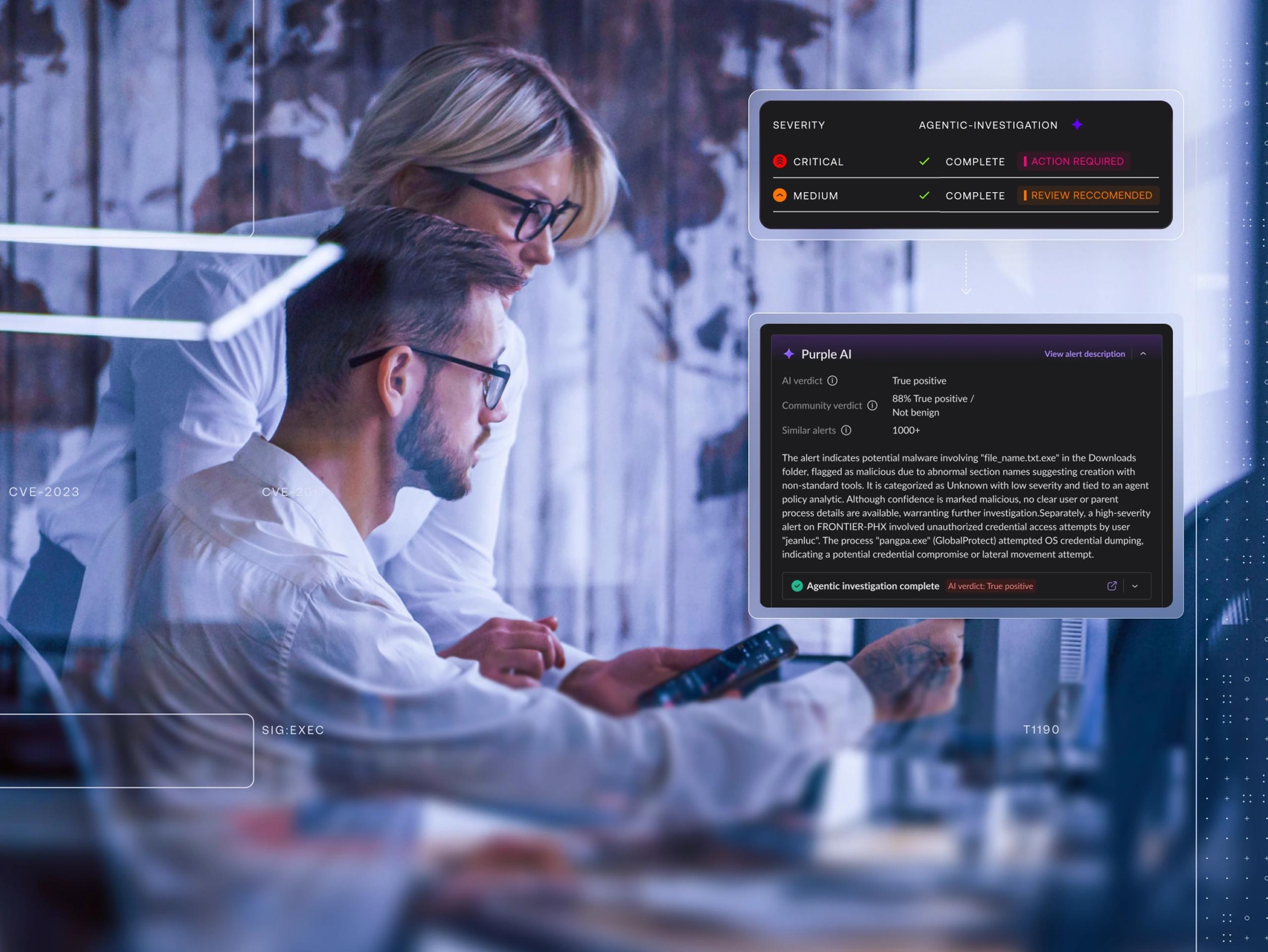 Blurred office scene: two adults at a computer; overlay panel reads “Singularity Response Trigger,” “Create Issue,” “Is Responseware”