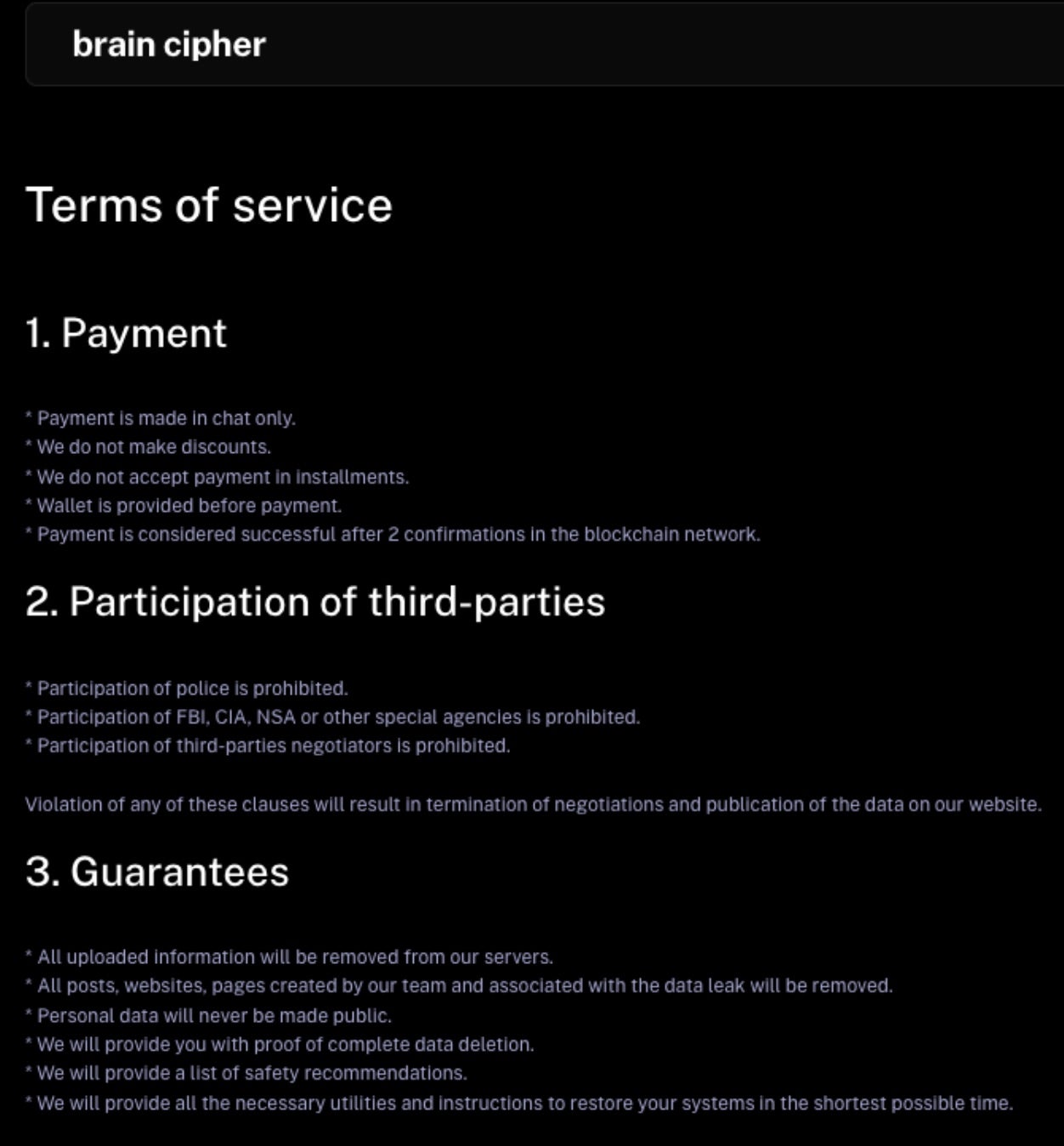 Brain Cipher Ransomware - Term of service | SentinelOne