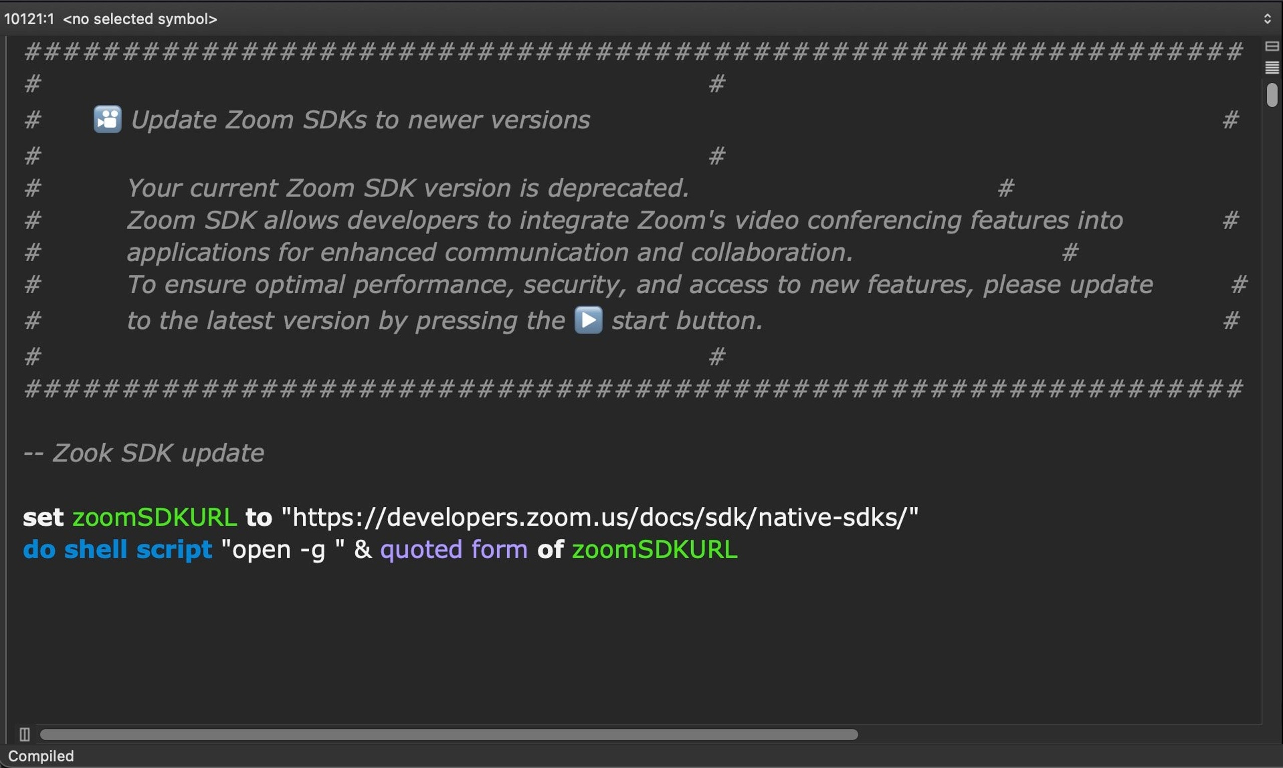 The zoom_sdk_support.scpt is padded with 10k lines of whitespace; note the typo ‘Zook’ and the scroll bar, top right