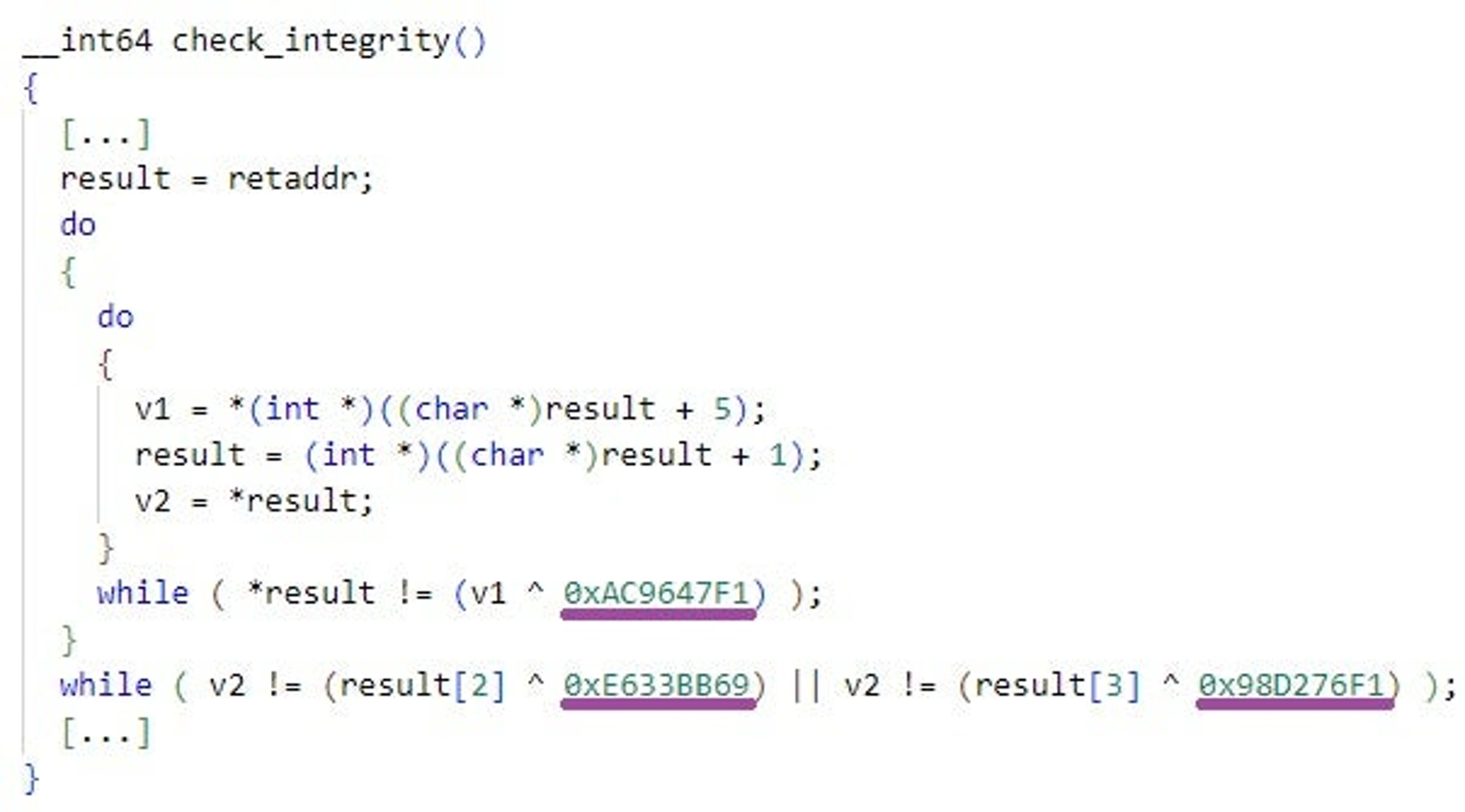 Deobfuscated integrity verification routine in another ShadowPad sample