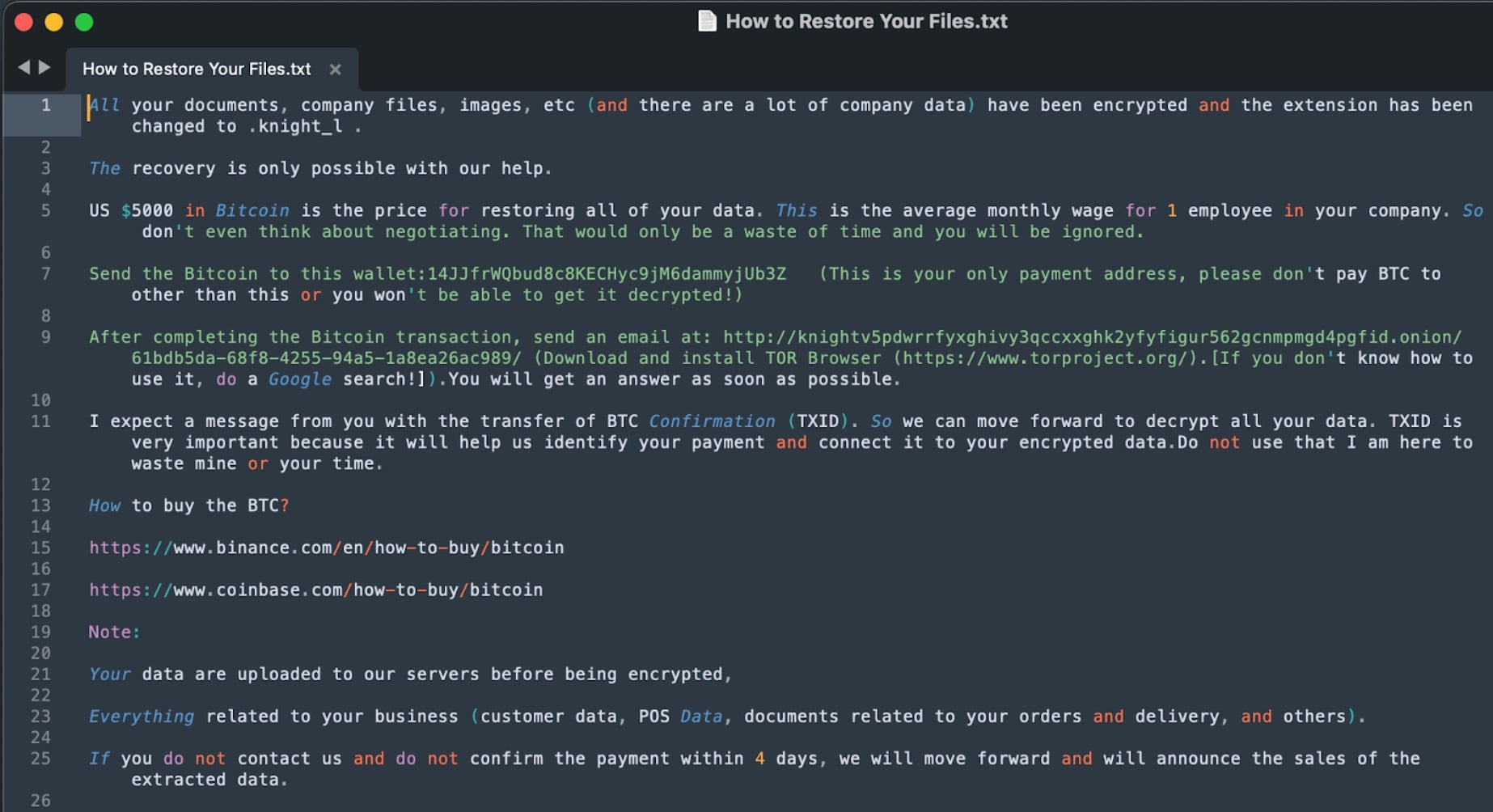 Knight Ransomware - Note | SentinelOne