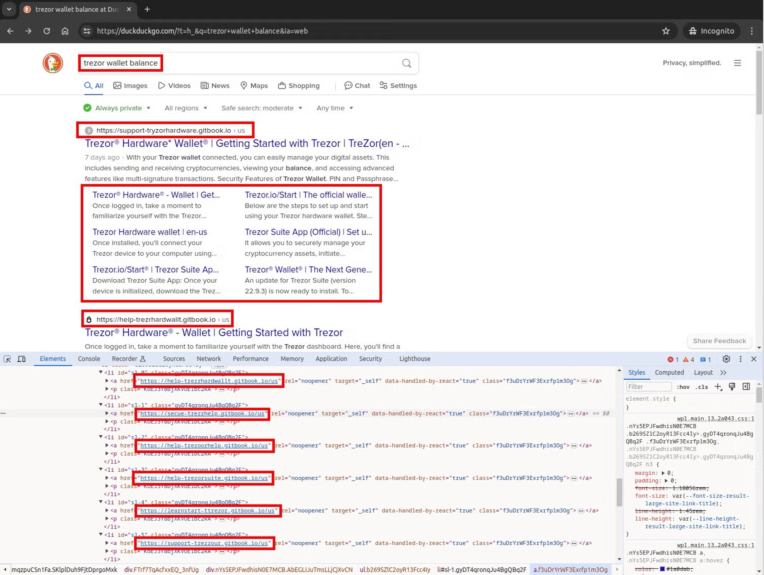 Trezor Wallet Balance malicious result in DuckDuckGo