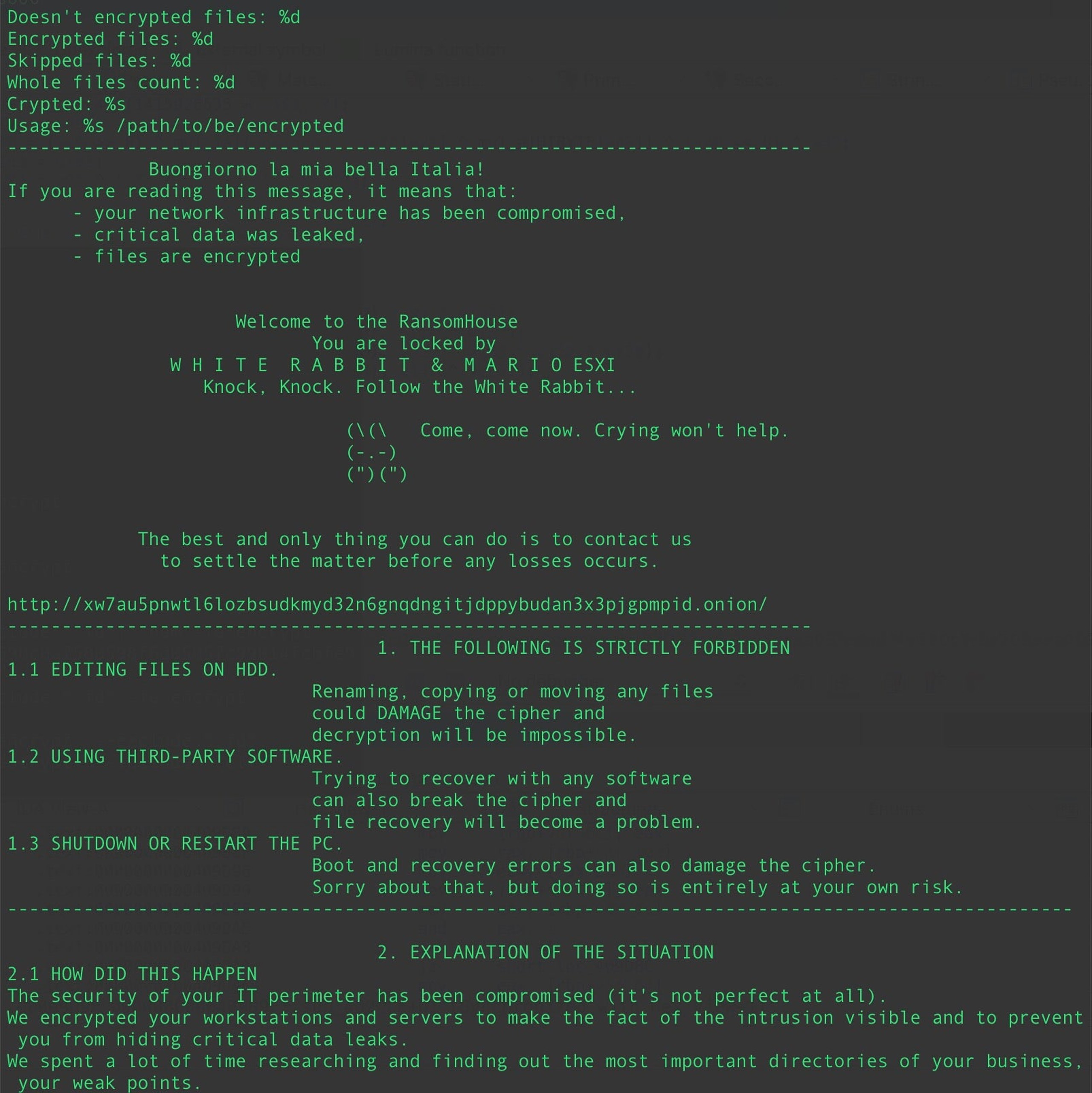 Mario strings show default Babuk logging messages and the ransom note