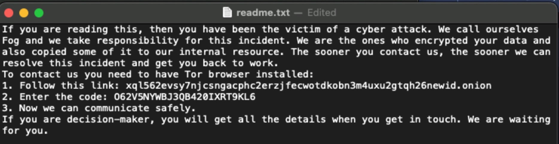 Fog Ransomware - Ransom Note | SentinelOne