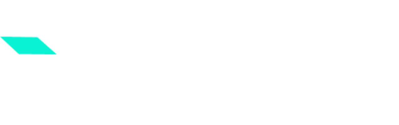 Small aqua and turquoise slanted rectangular banner in the upper left on a mostly white background, with a thin dark line at bottom