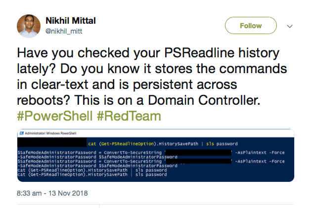 Een screenshot van een tweet die Nikhil Mittal heeft getweet over de geschiedenis van PSReadline met betrekking tot Powershell.