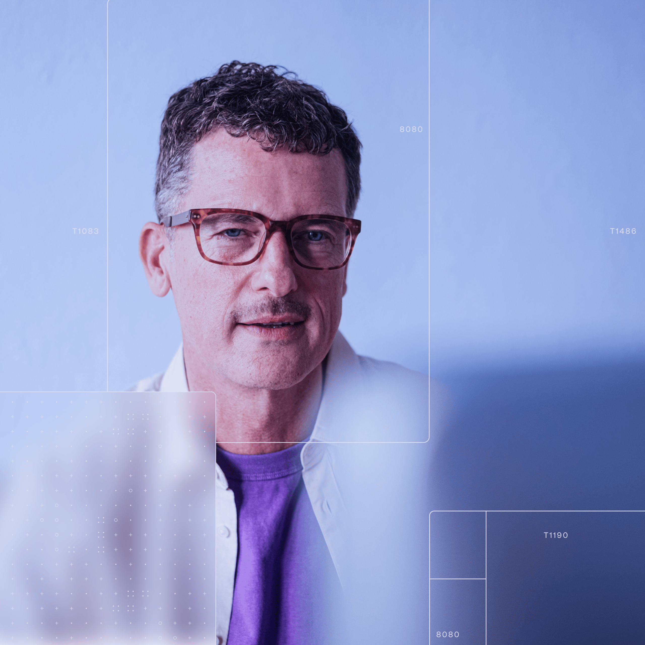 Man in white coat with purple shirt and brown glasses; blue digital overlays with guide lines and unreadable UI text
