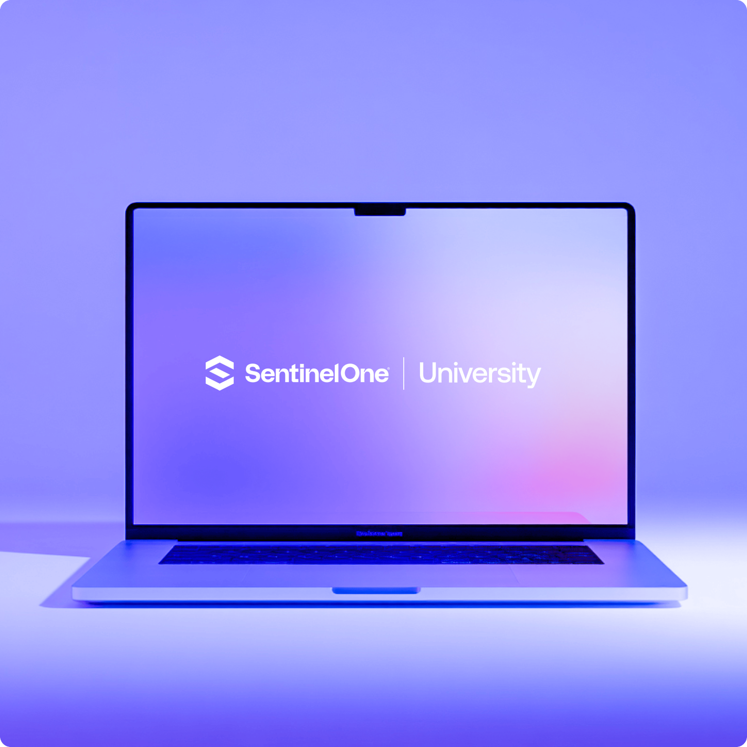 Centered laptop with purple screen showing SentinelOne | University logo and text on a purple-to-lavender gradient background