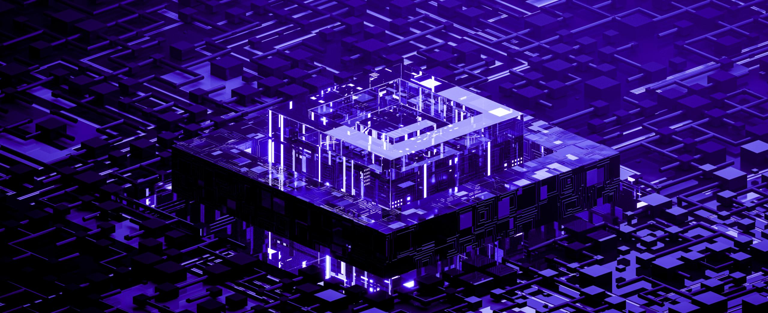 Abstract purple holographic chip block with glowing square frame and vertical data lines on a futuristic circuit-pattern background