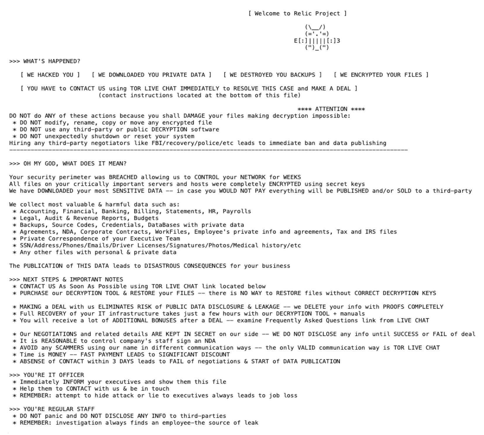 Project Relic Ransomware - Note | SentinelOne