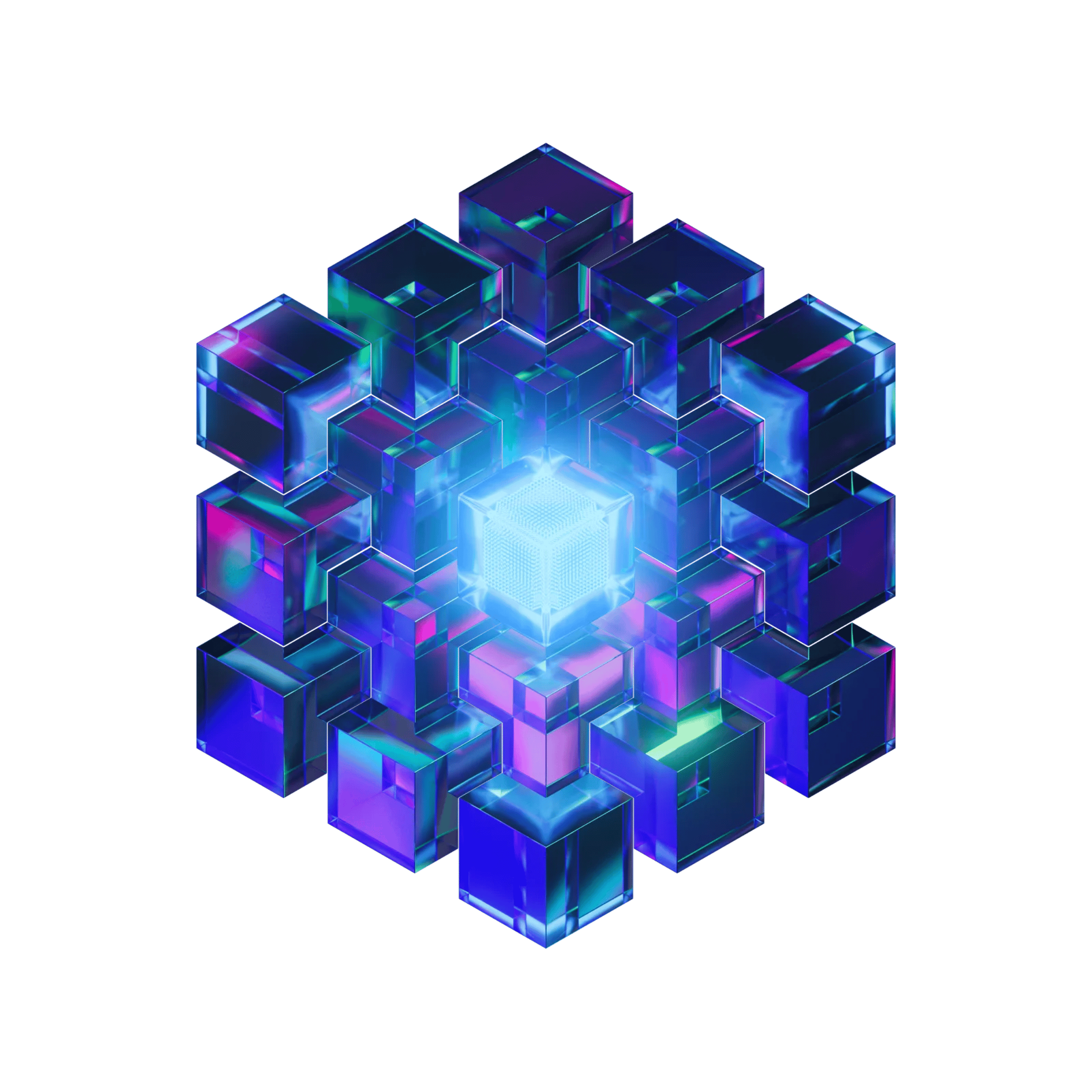 Abstract glossy 3D knot of interwoven translucent ribbon loops in iridescent blue, purple, pink, and cyan on white