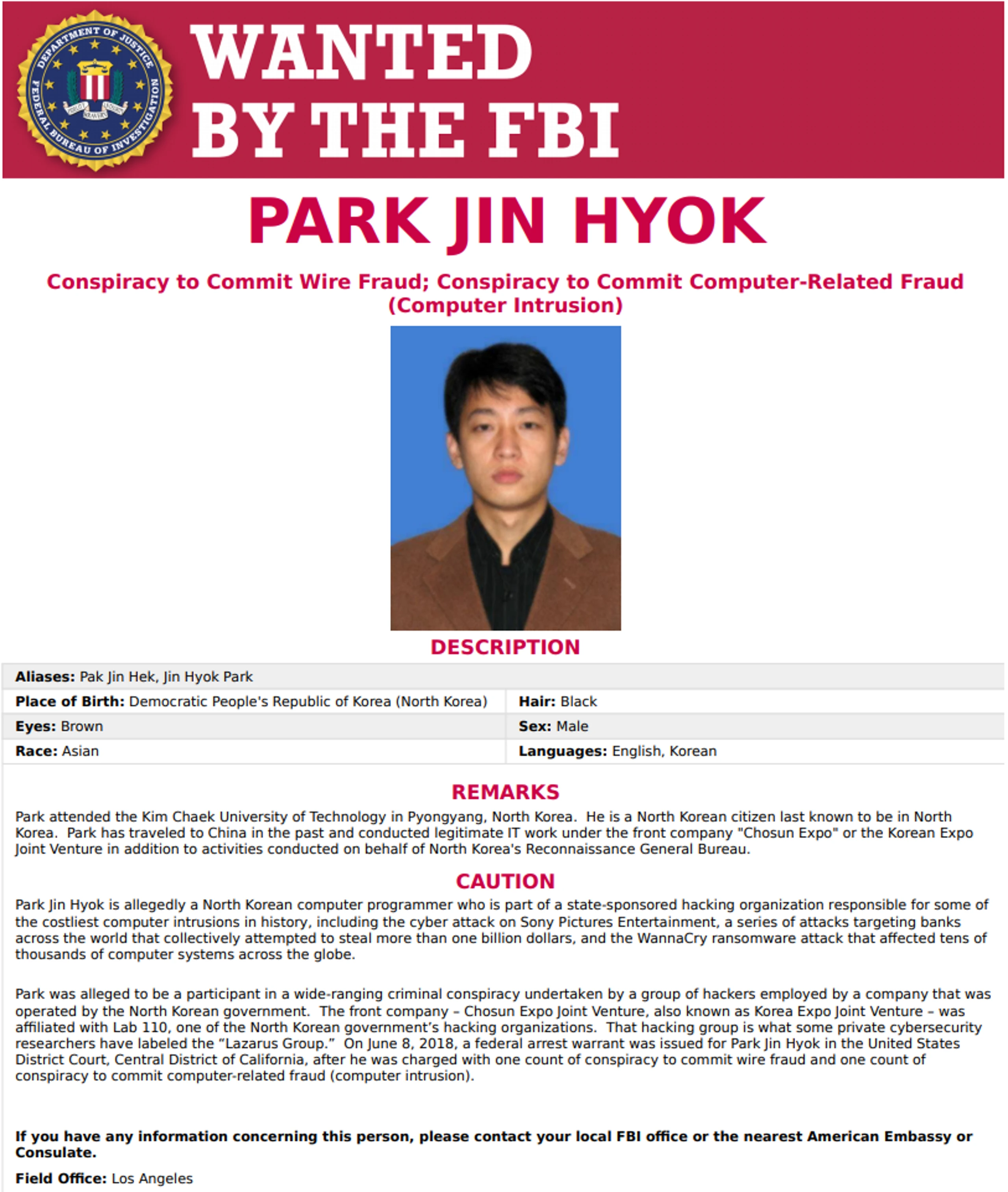 FBI wanted notice for one of the hackers of Lazarus Group, Pak Jin-hyok [es]