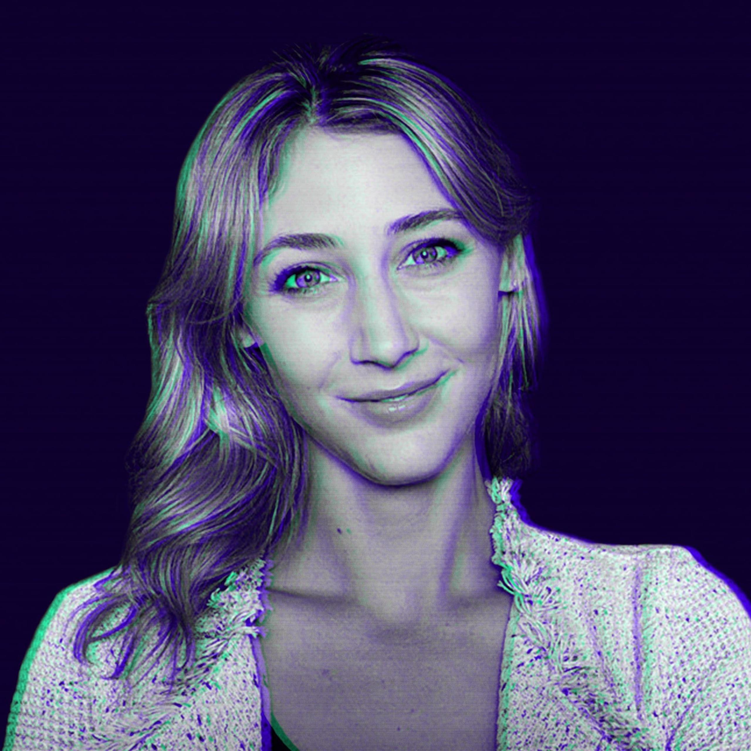 Centered portrait of a young woman with shoulder-length wavy hair, faint smile, stylized purple-green effect, on dark purple background