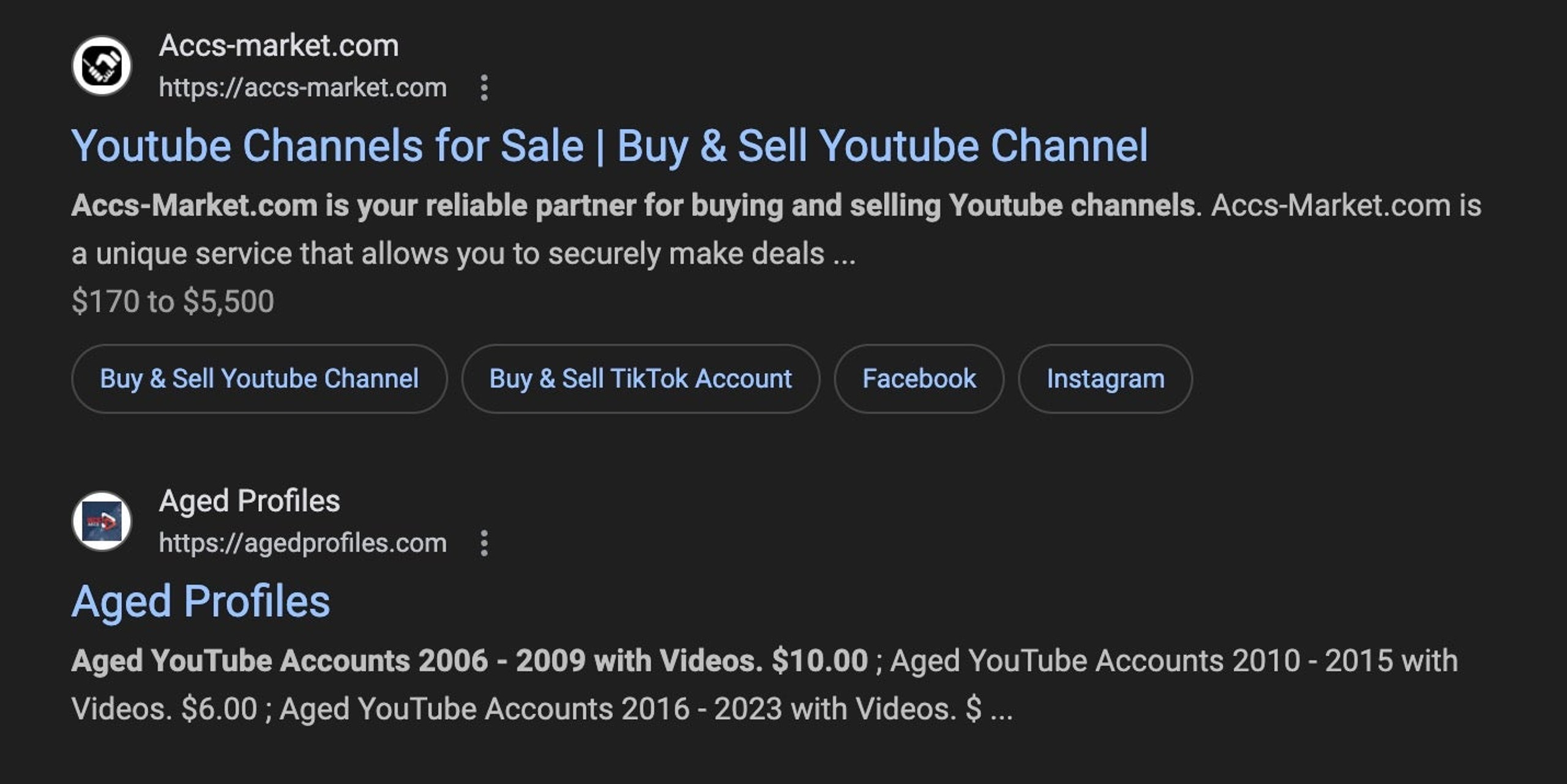 Search engine results showing aged YouTube accounts for sale