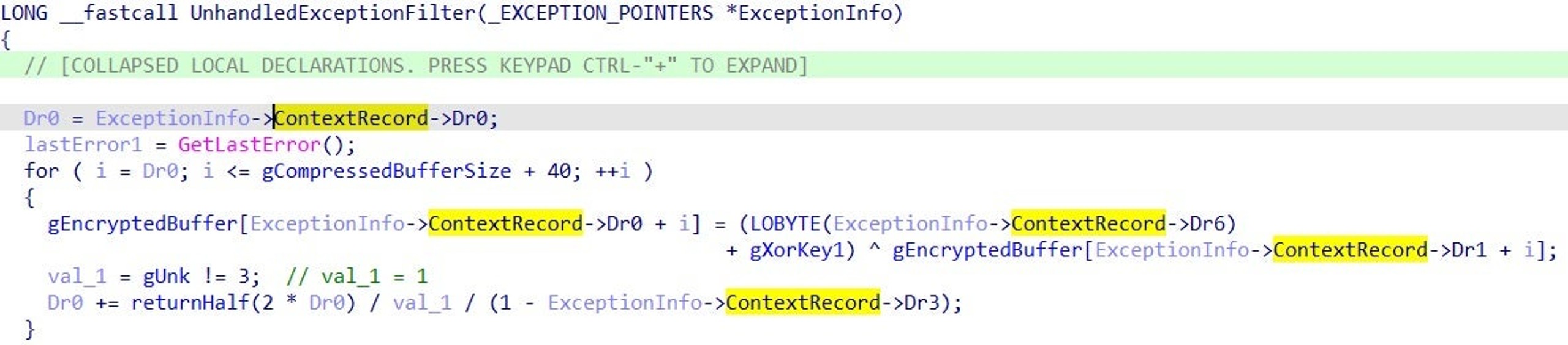 First iteration of XOR decryption in the unpacking function