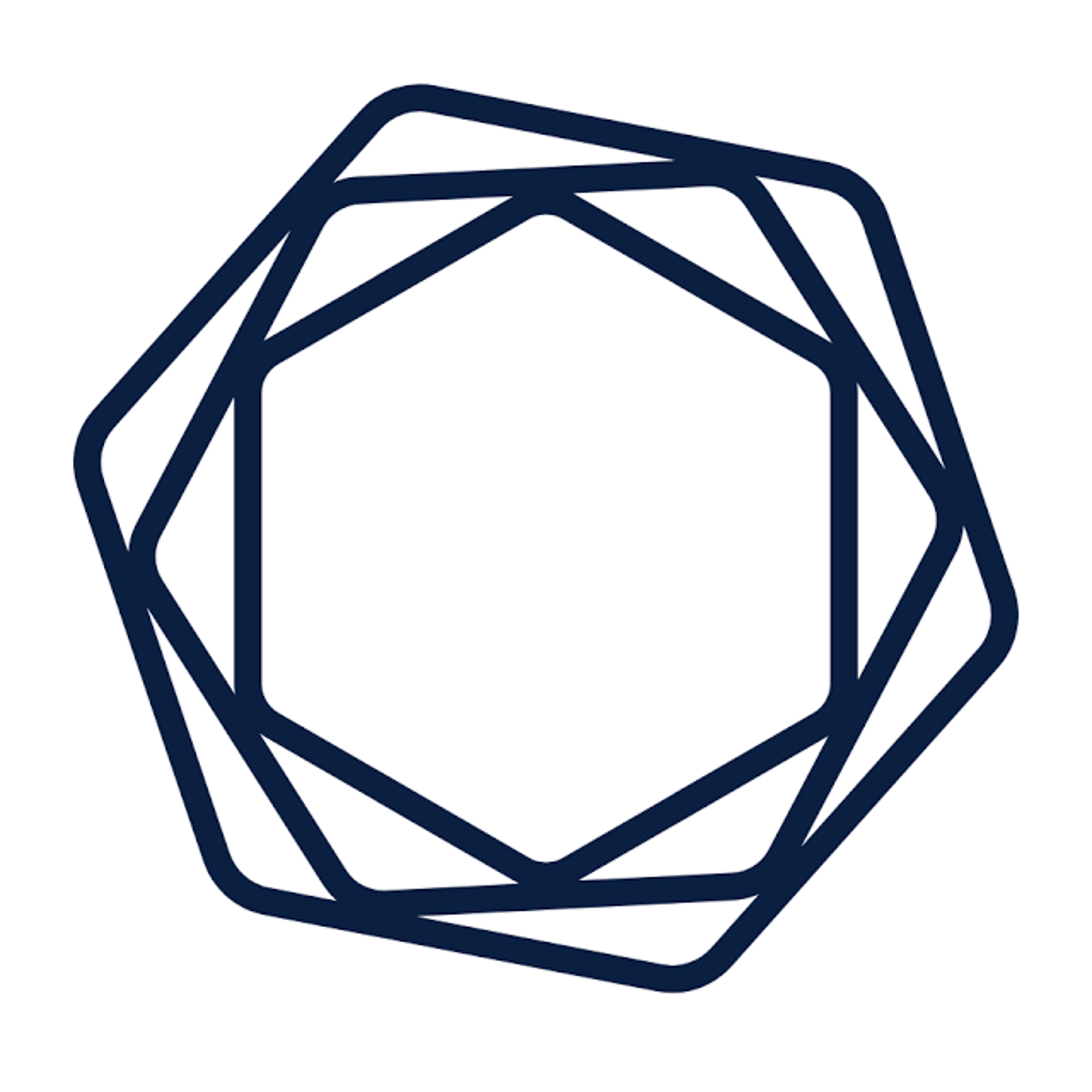 Dark navy geometric emblem with overlapping outlined hexagon shapes forming a layered rotated polygon pattern