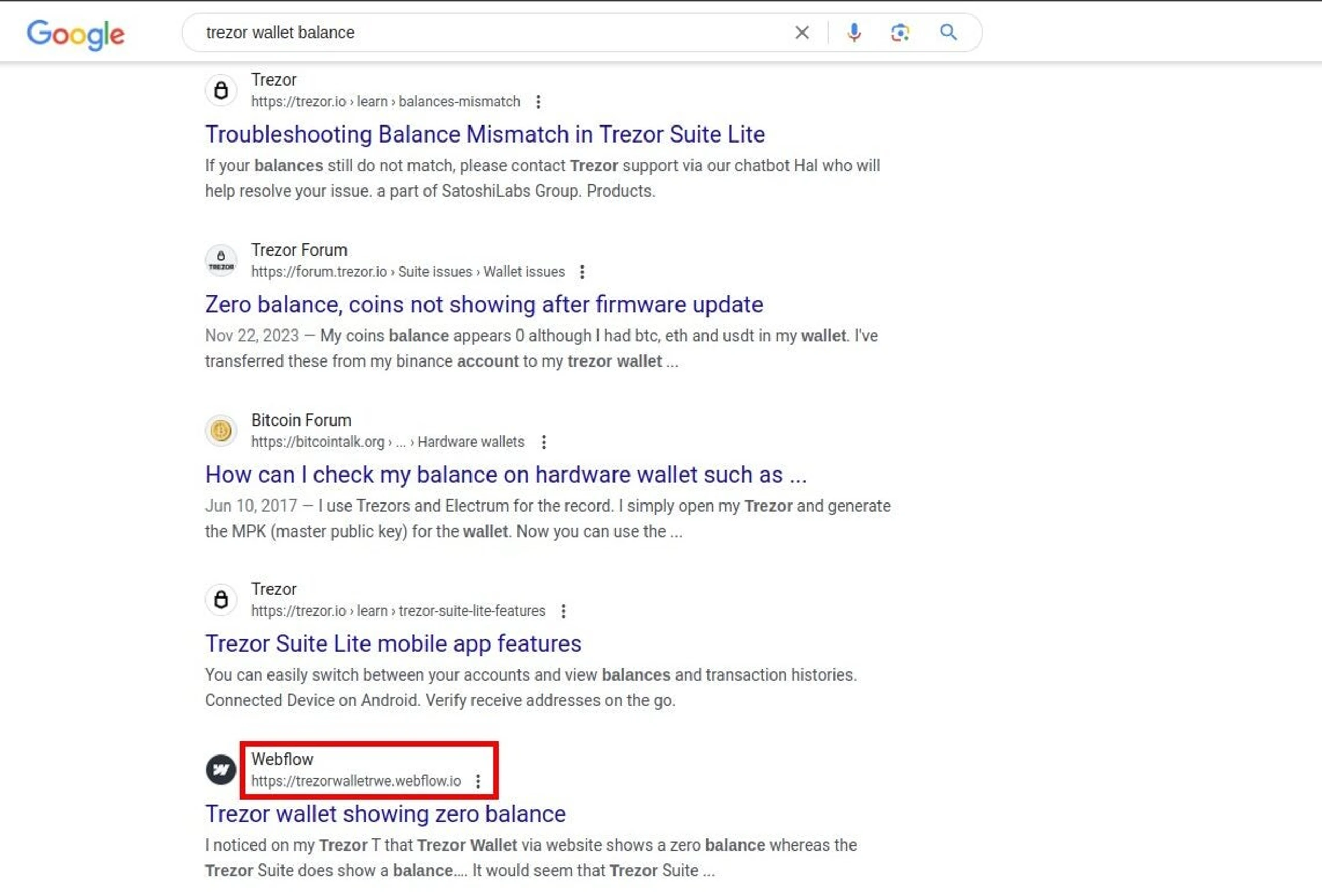 Trezor Wallet Balance malicious result in Top Google Search result