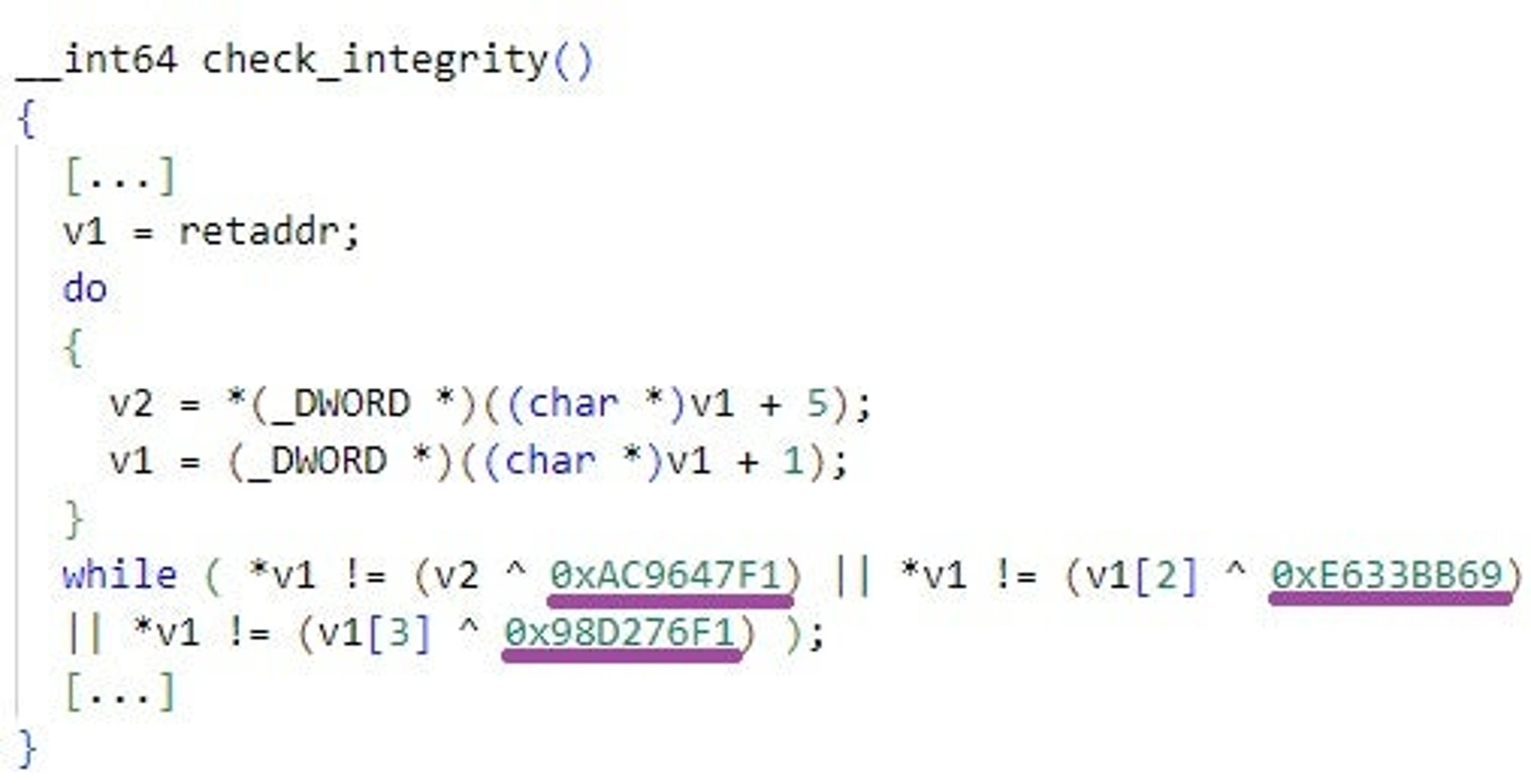 Deobfuscated integrity verification routine in AppSov.exe