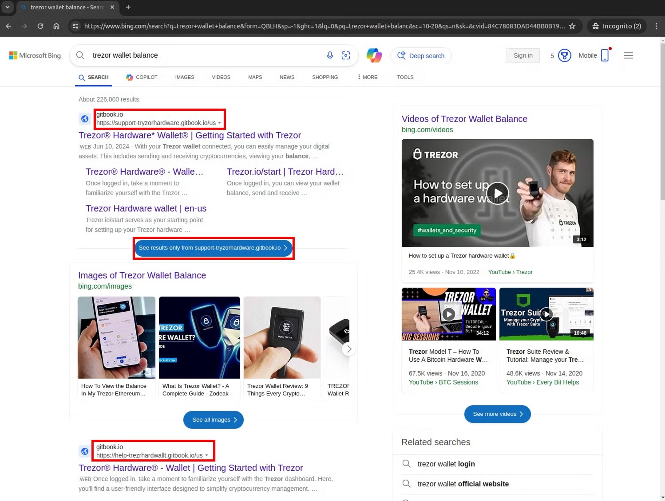 Trezor Wallet Balance malicious result in top Bing Search
