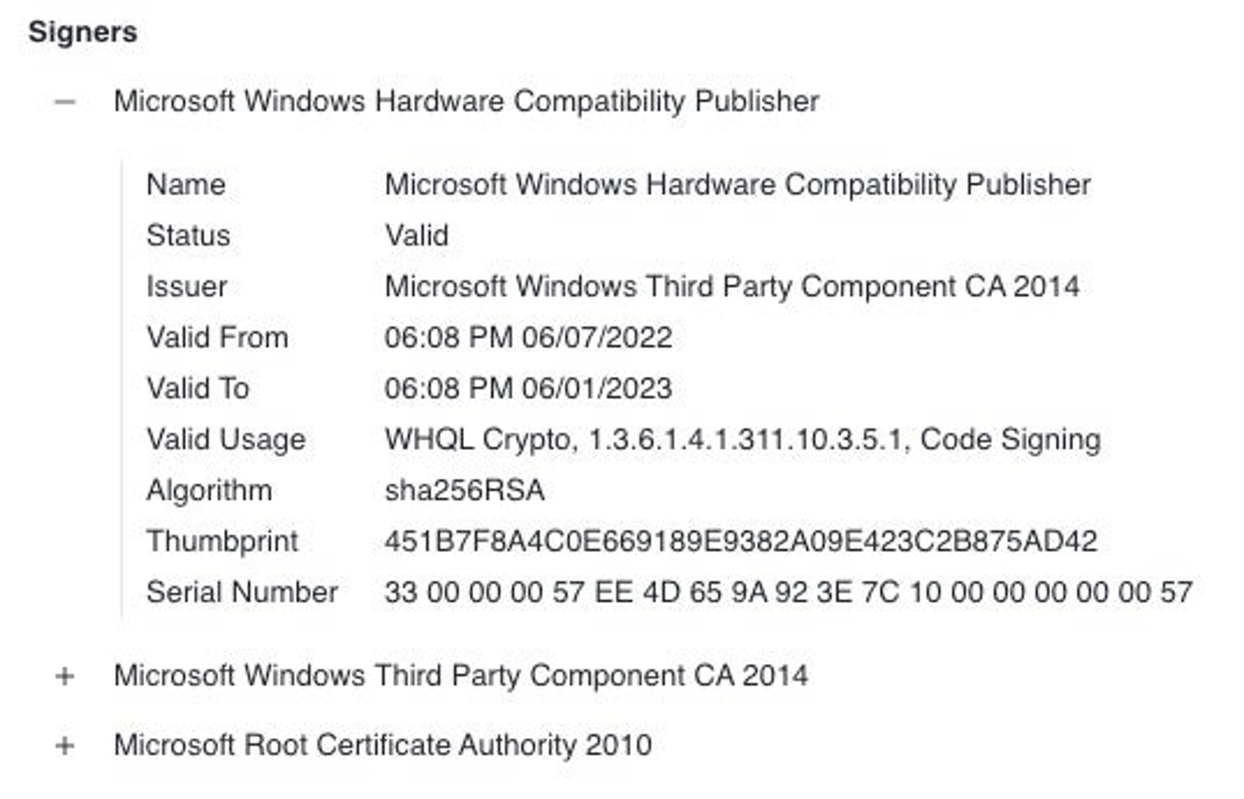 Microsoft’s “Windows Hardware Compatibility Publisher” certificate Details