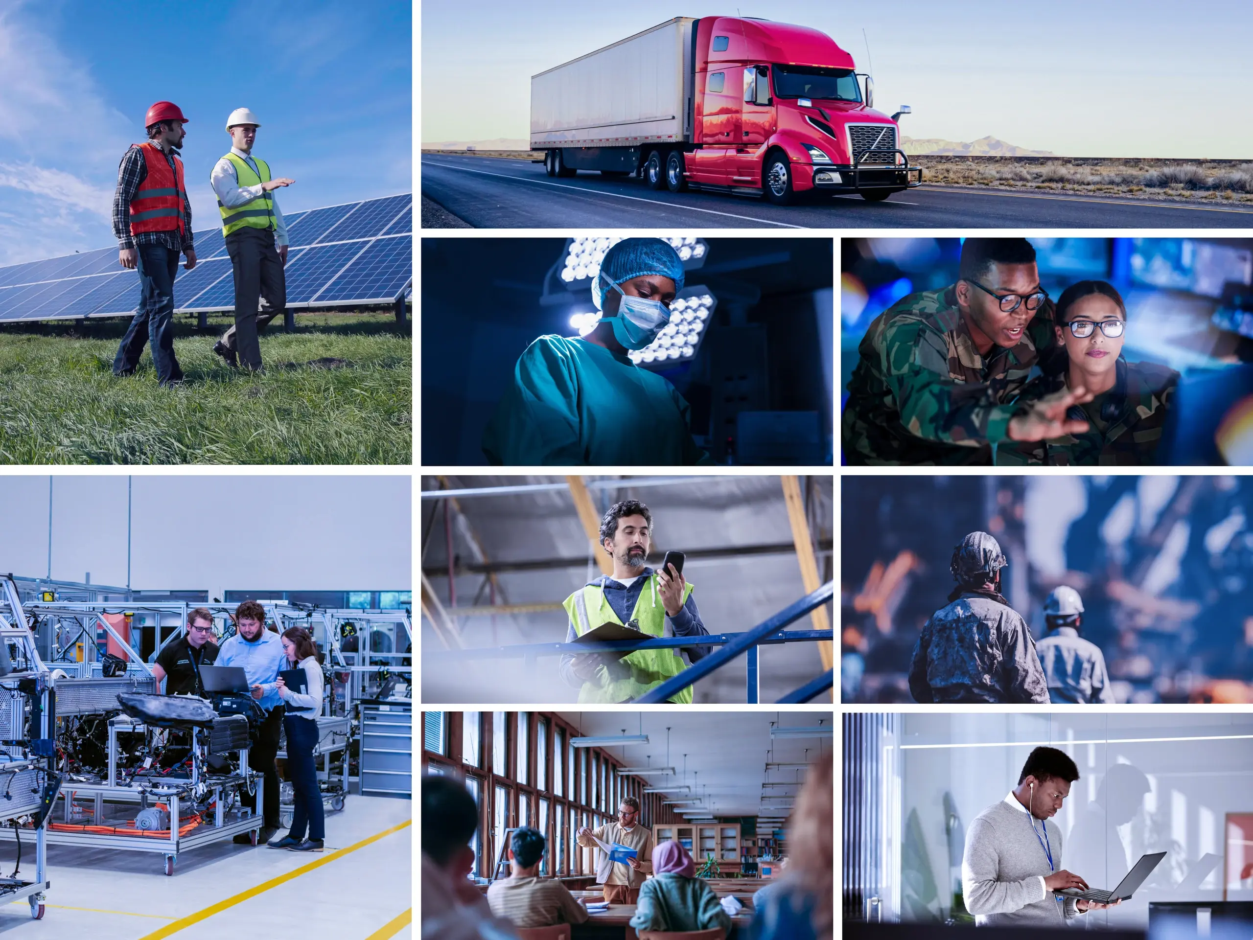 Collage grid of eight workplace scenes: solar crew, truck on road, medical staff under lights, team in blue-lit lab, factory workers, worker on stairs holding device, event crowd, office desk with laptop