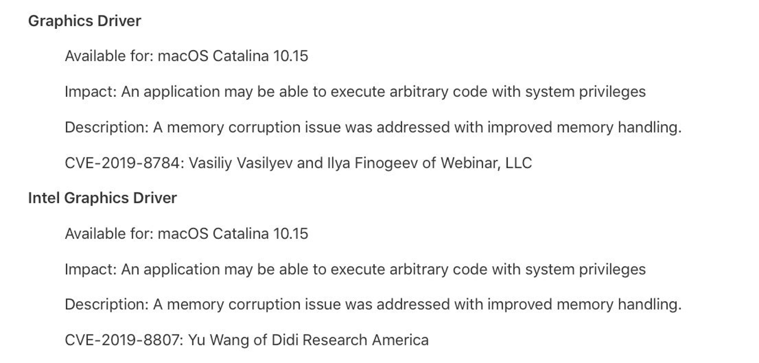 image of graphics driver bug Catalina