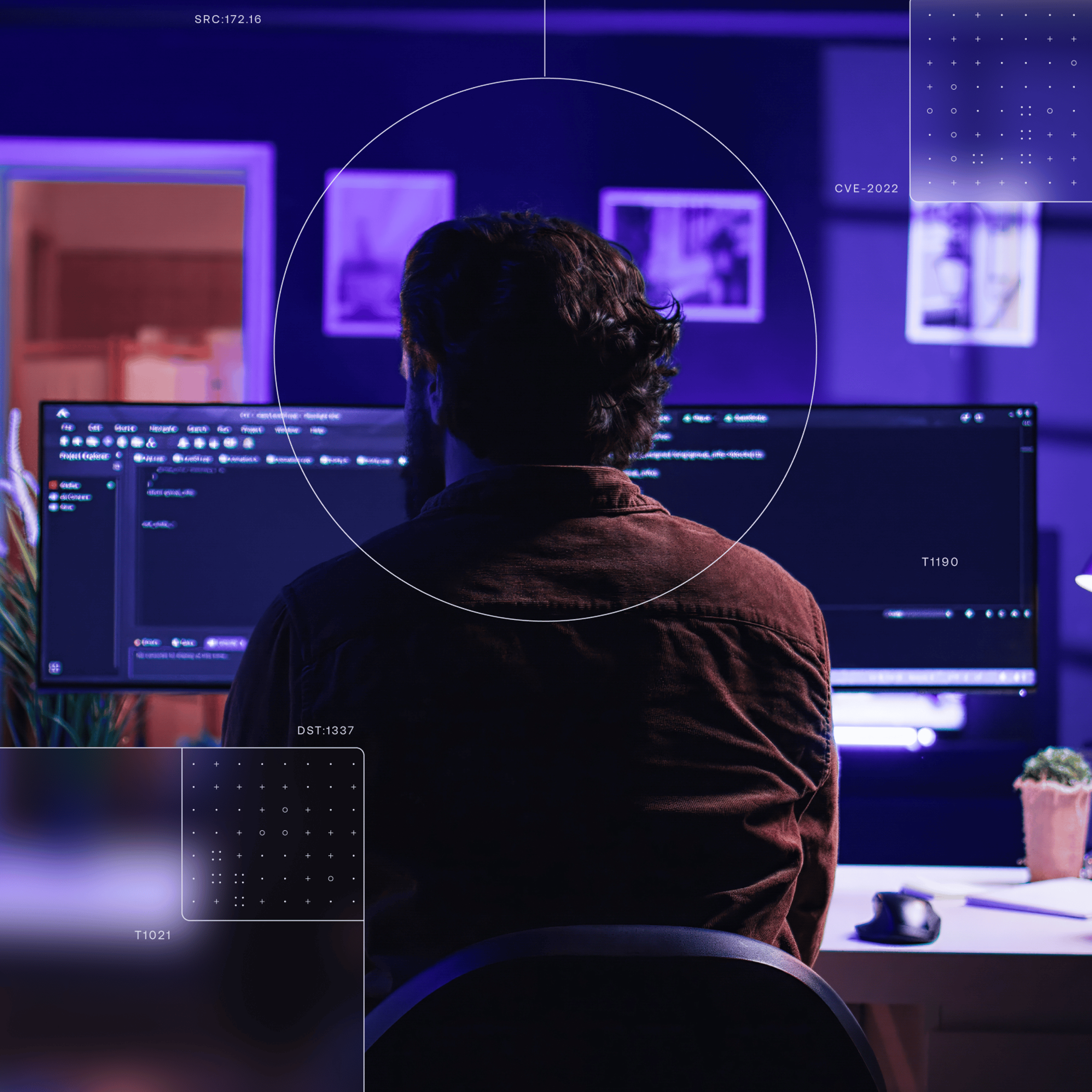 Person at desk with dual monitors showing dark code-like panels and labels EVE-2022 and T190, purple-blue lighting and overlaid security graphics