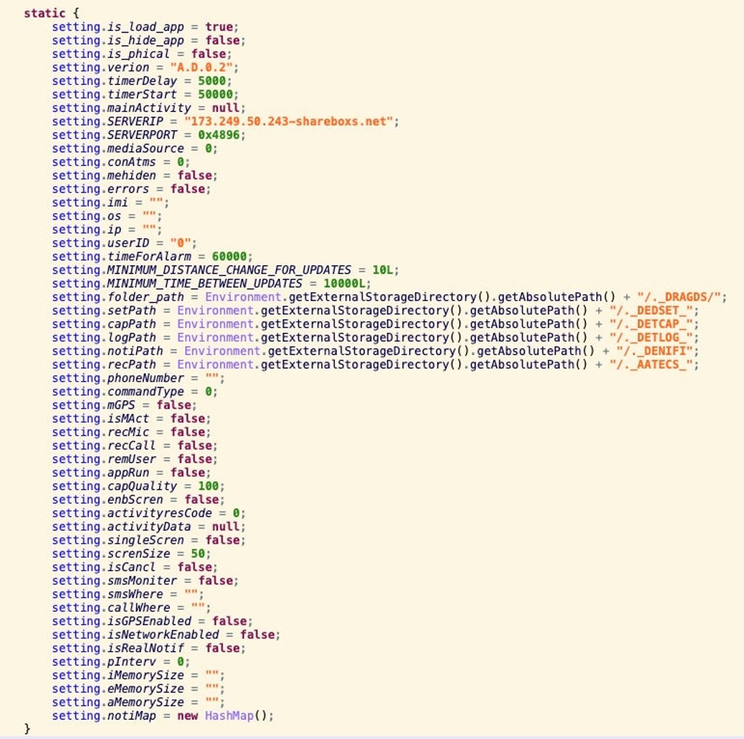 CapraRAT’s Settings class shows the tool’s configuration variables