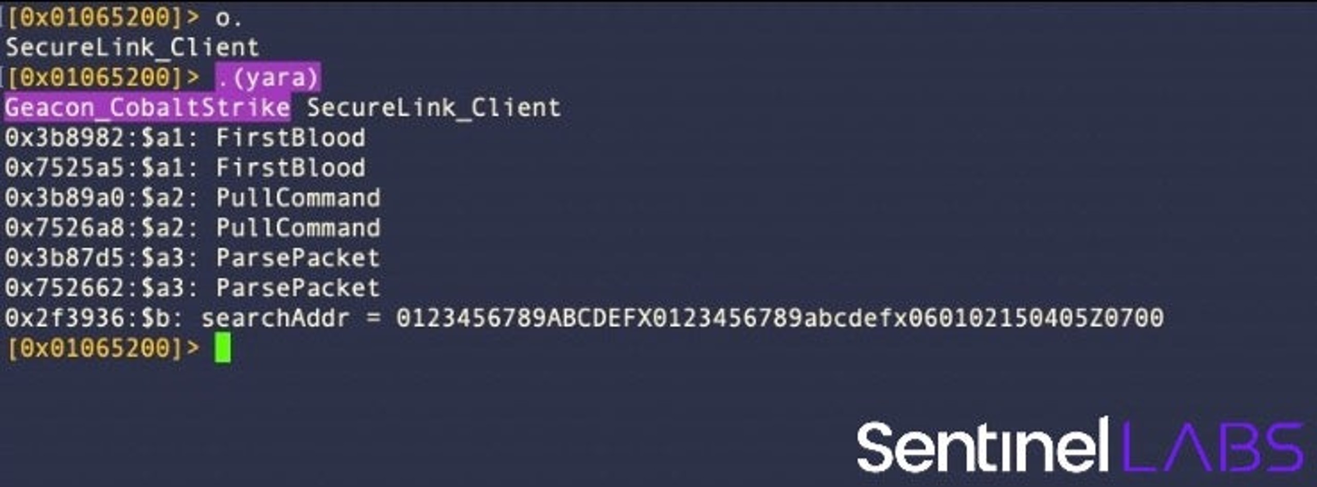 A simple YARA rule to detect Geacon samples called from the r2 command line