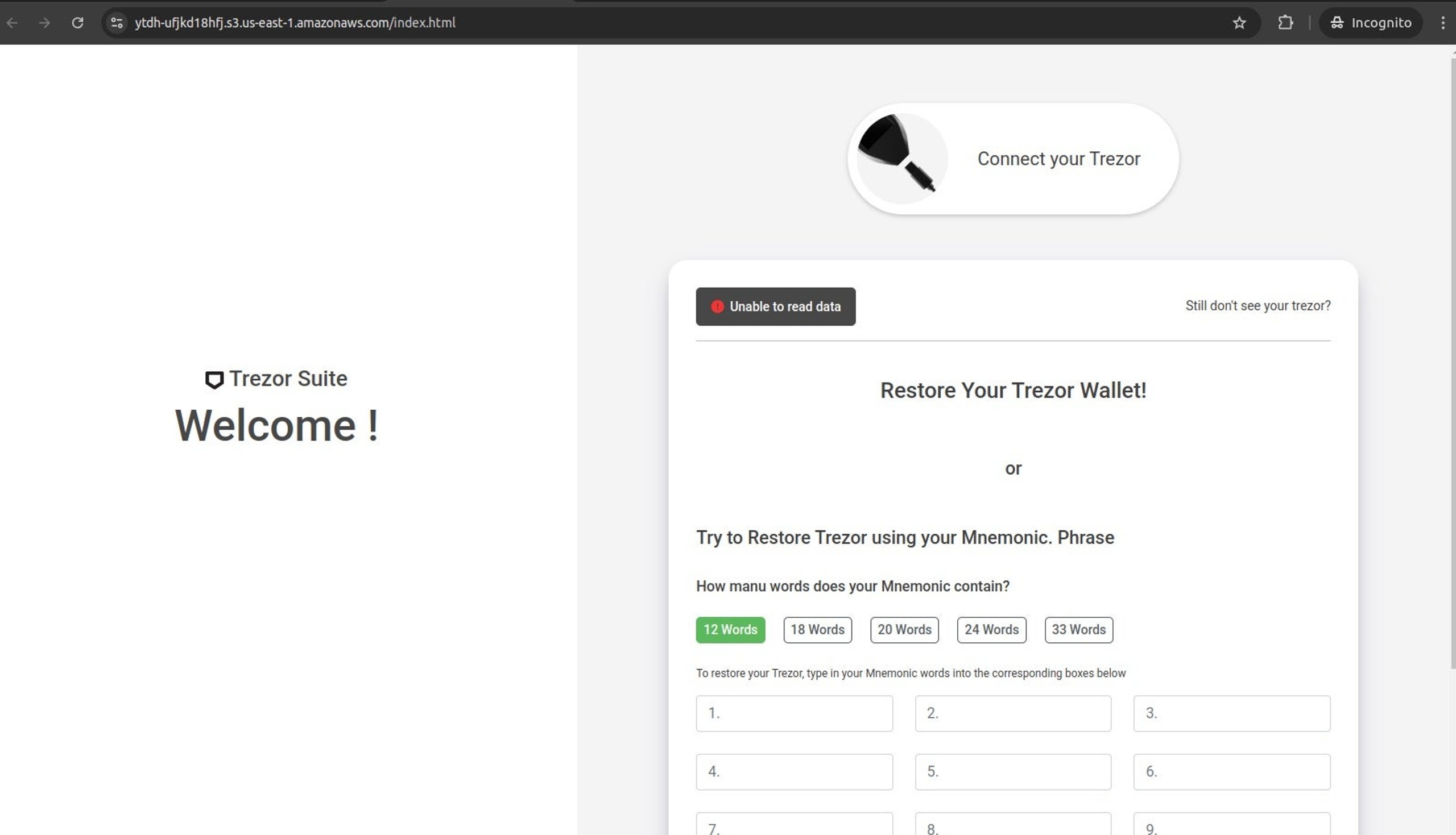 A typical FreeDrain phishing page served from an S3 bucket, delivering only static content
