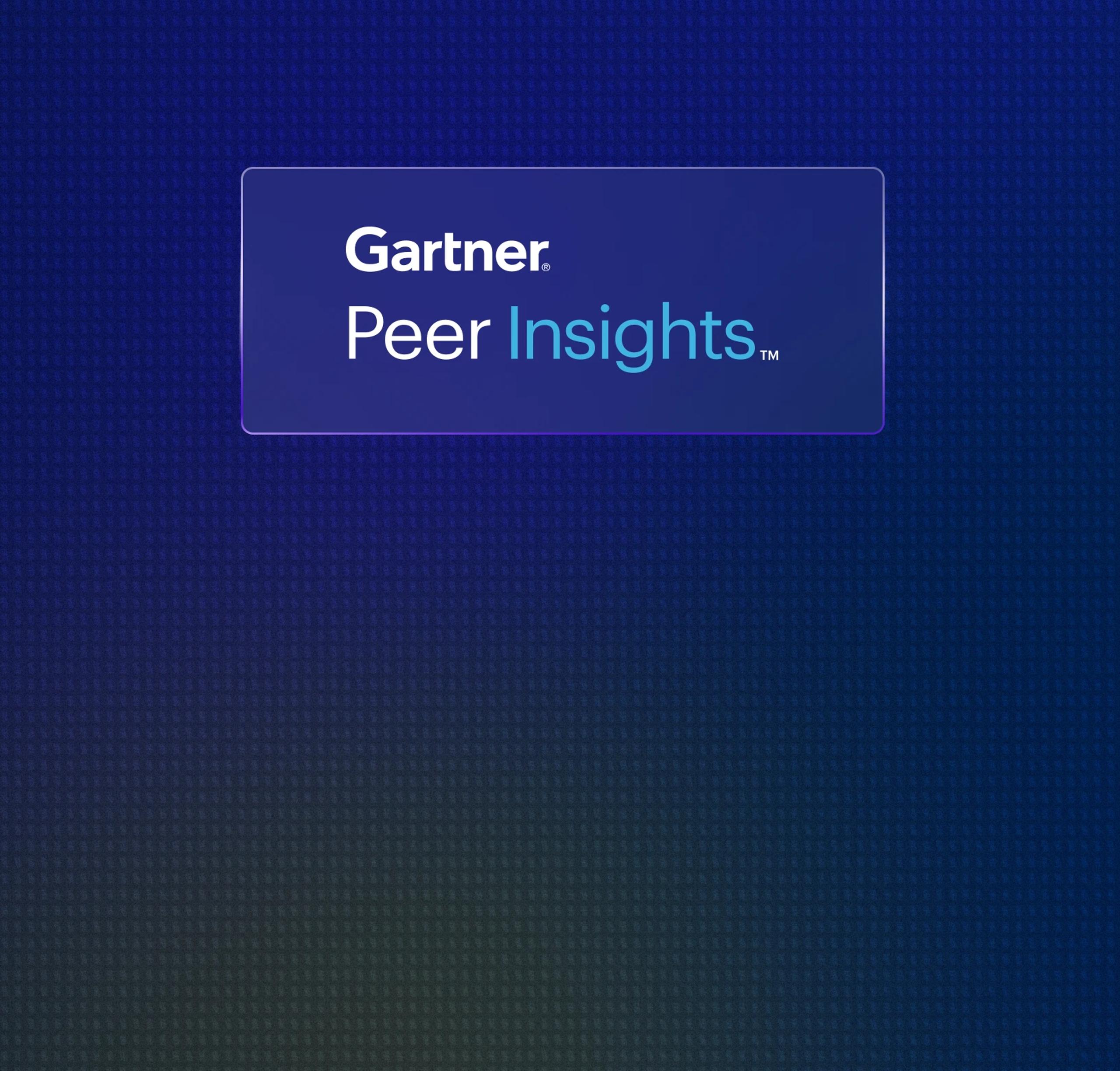 Dark blue grid background with a purple-blue panel showing Gartner Peer Insights in white and light blue with TM