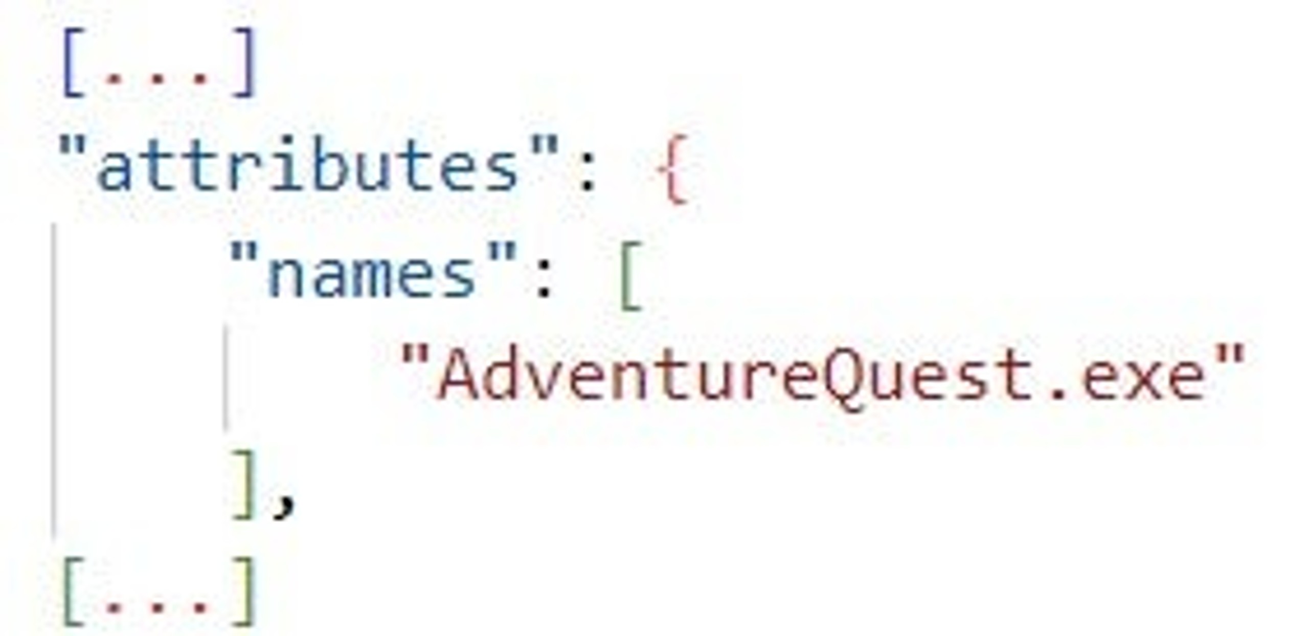 The names attribute (in the file object for AdventureQuest.exe)