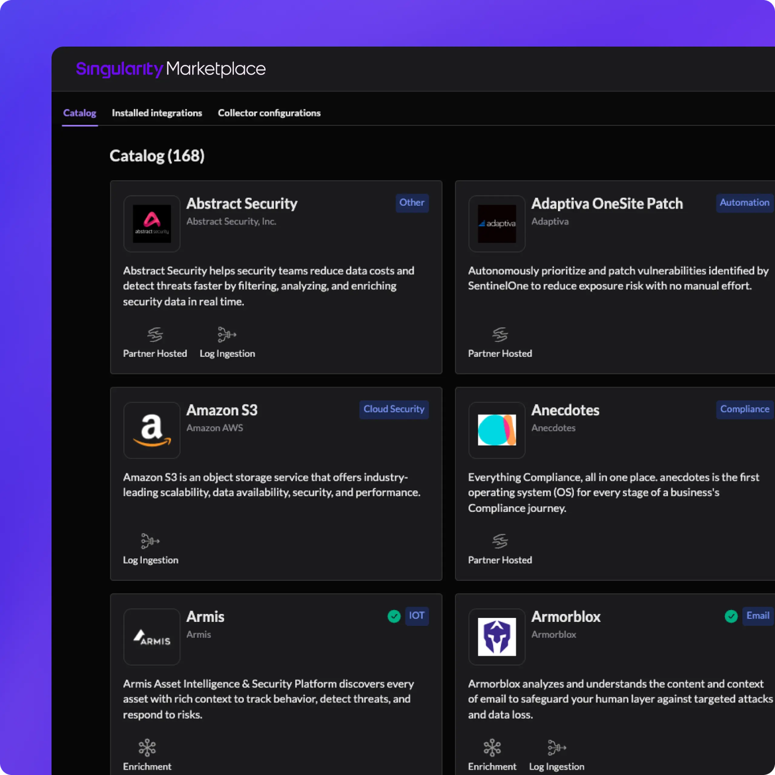 Dark “Singularity Marketplace” UI with tabs Catalog, Installed Integrations, Collector configurations and cards: Abstract Security, Adaptiva, Amazon S3, Anecdotes