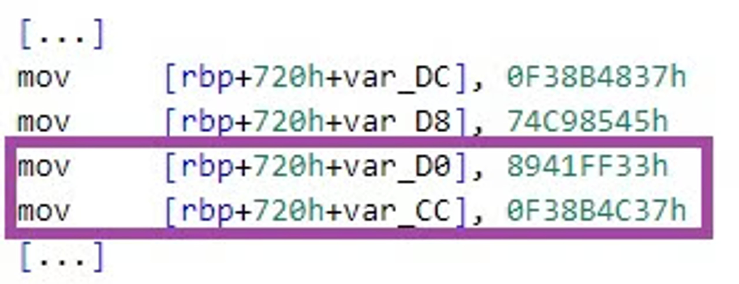 bK2o.exe constructs the code signature 33 ff 41 89 37 4c 8b f3 [...] on the stack