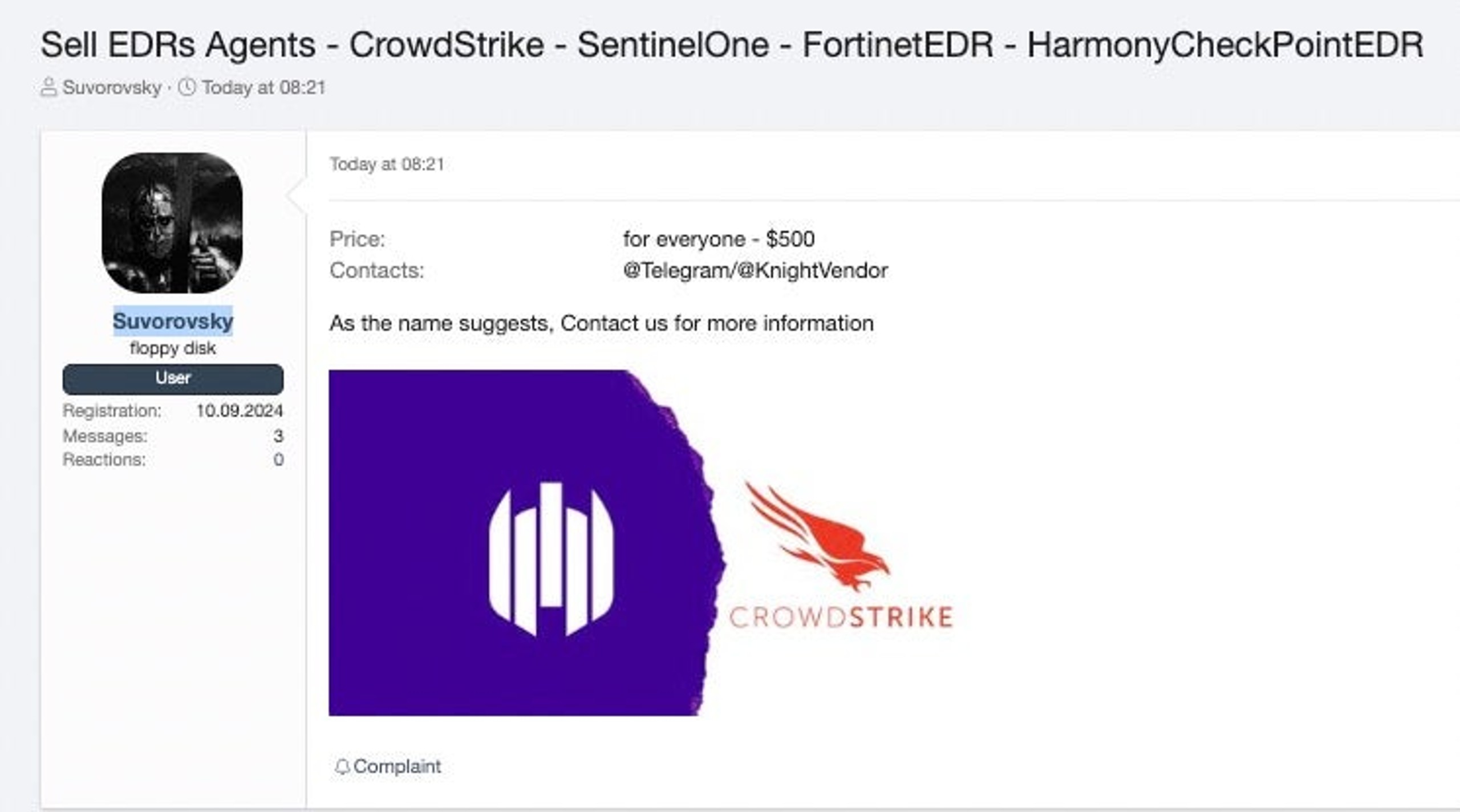 Forum post offering security product access