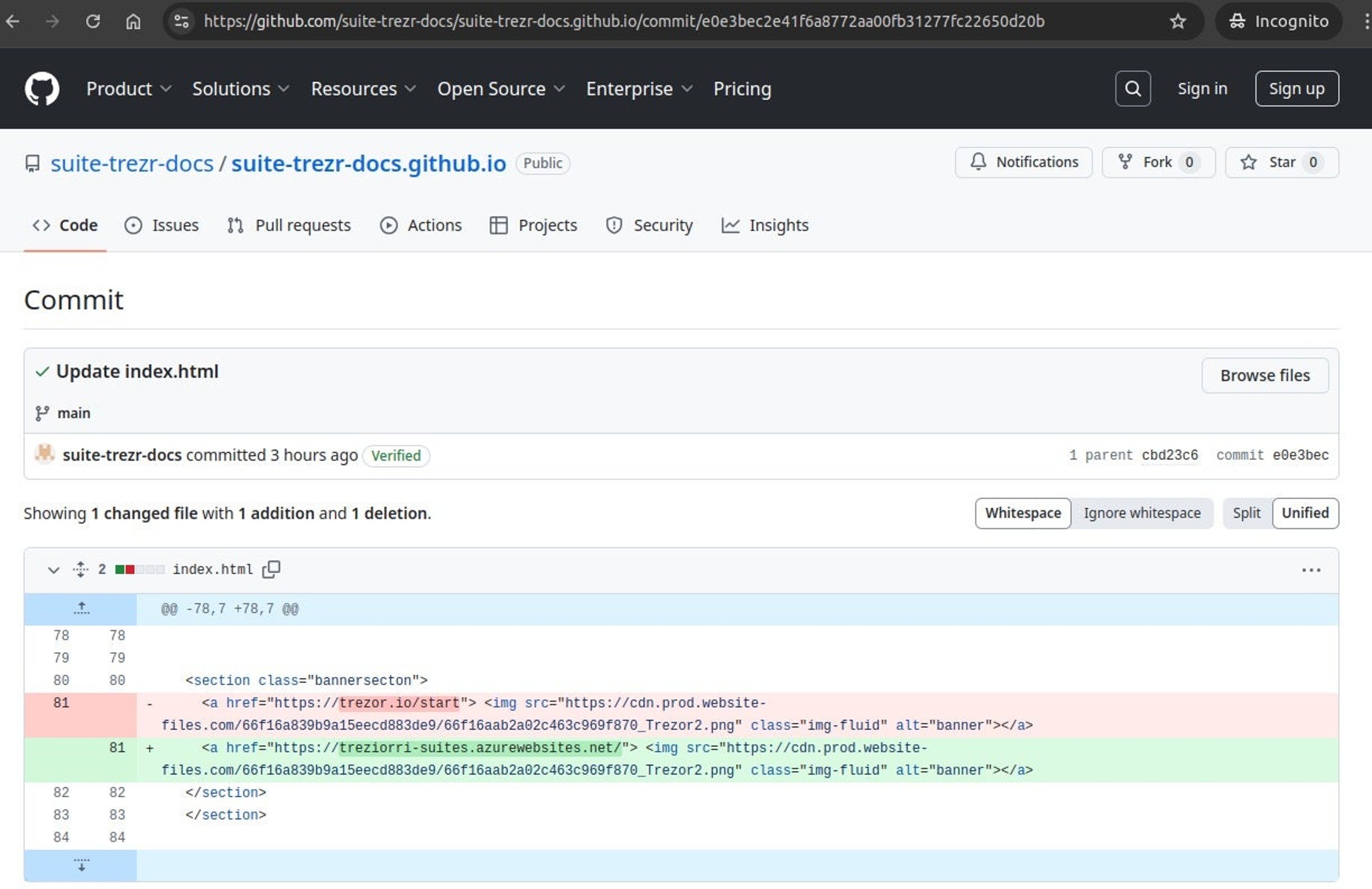 A Github lure page that has just been changed from benign to malicious