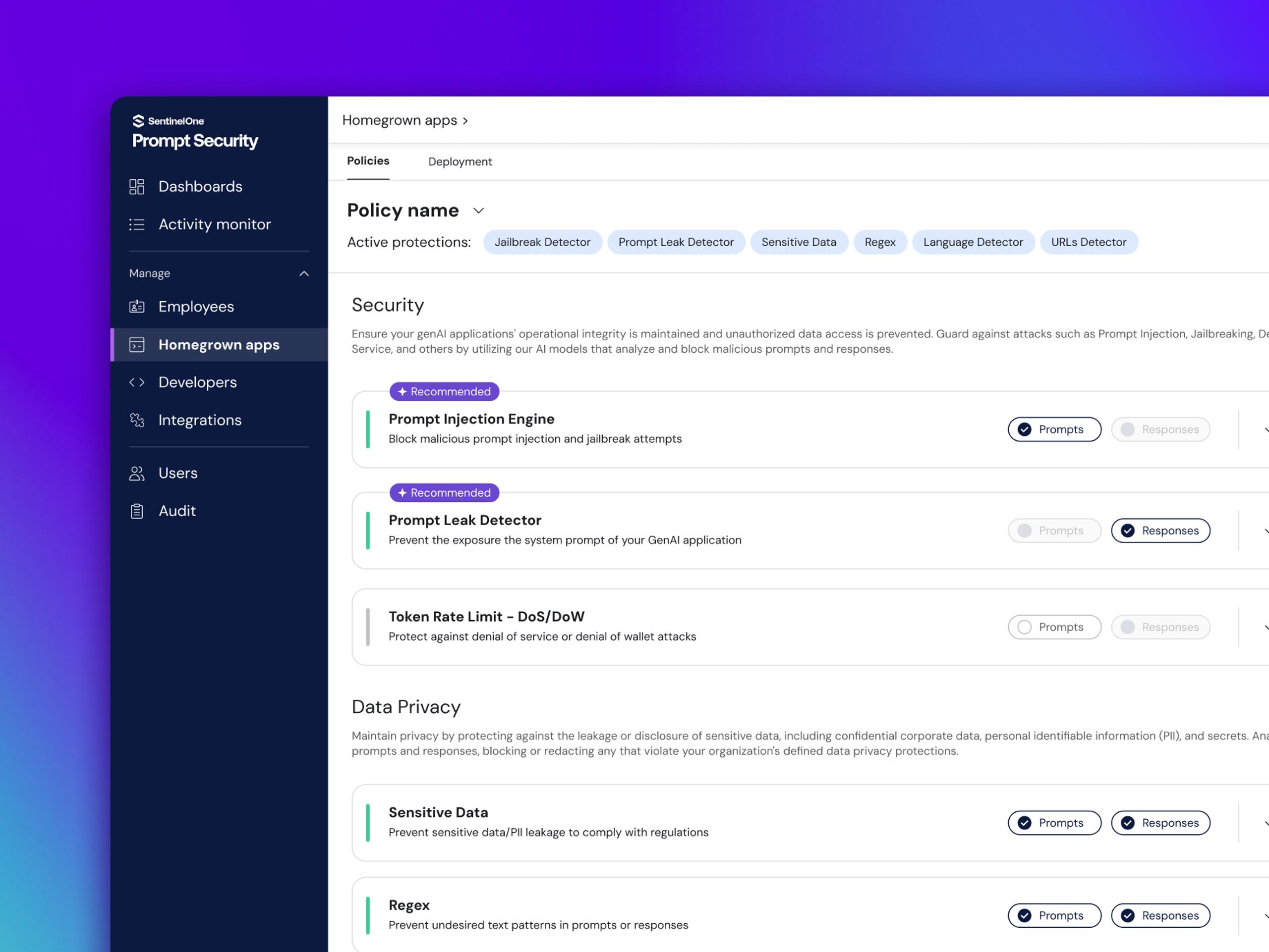 Web app UI dashboard with sidebar “Prompt:” and main header “Homegrown apps”; tabs “Policies”; filter chips (Jailbreak Detector, etc.) and policy rows like “Prompt Injection Engine” with action pills (Prompts/Responses)